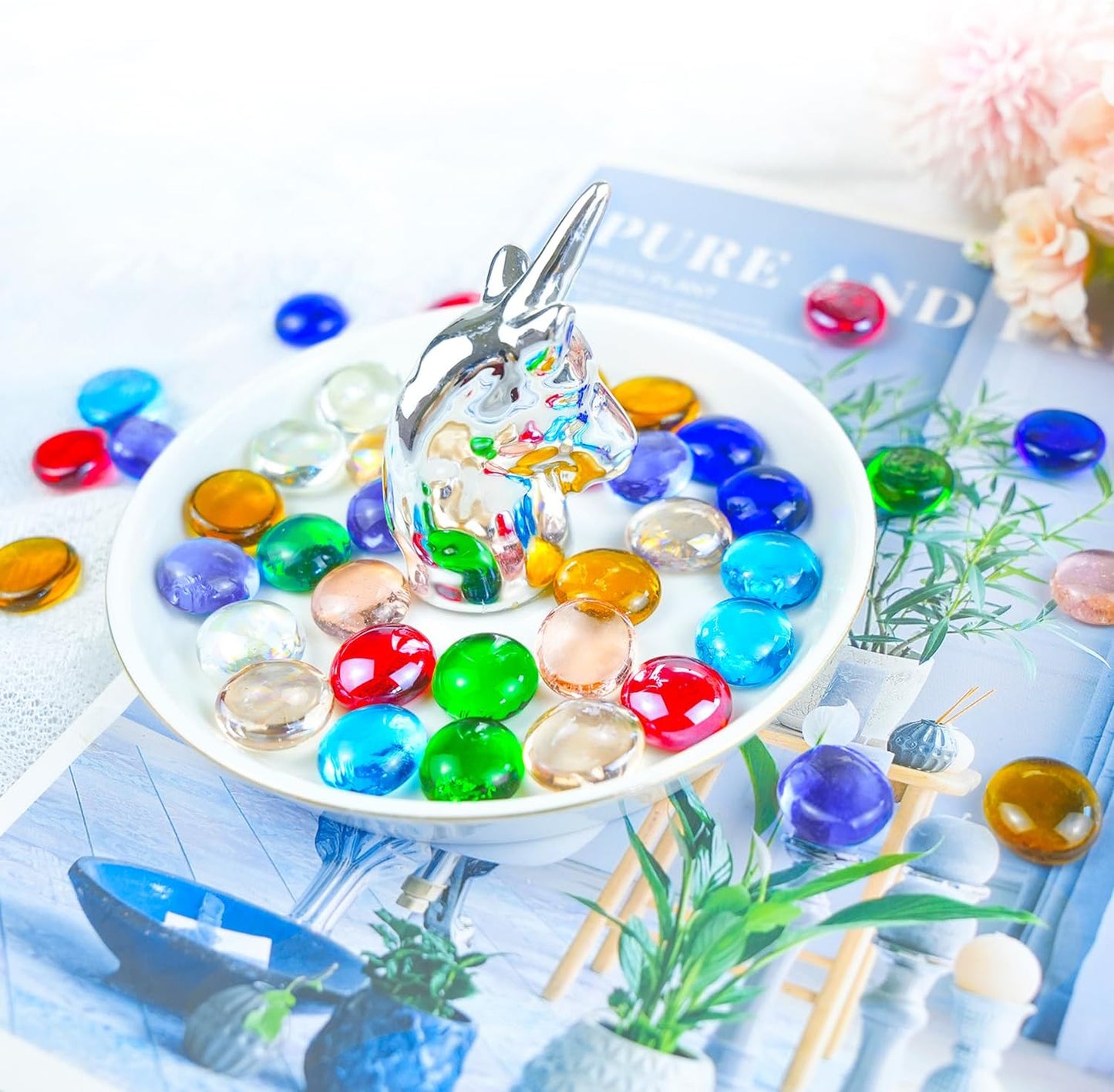 KINGOU Flat Glass Gems/Marbles/Stones/Beads for Vase Filler, Table Scatter, Aquarium - 1 Lbs (17-19mm, Approx. 3/4")-Colorful