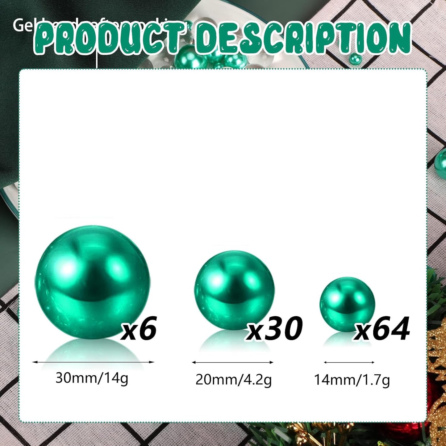 100PCS Green Faux Pearls Beads for Centerpiece Vases, Vase Filler Faux Pearls, No Holes Filler Beads for Party Anniversary Birthday Wedding Table Decor, 14/20/30mm