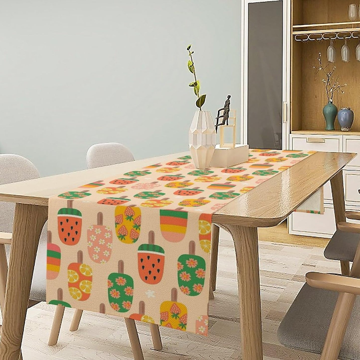 Summer Popsicles Table Runner, Colorful Cute Ice Cream Childish Seasonal Dinner Runner for Party Holiday Home Kitchen Dining Table Decor 13"x108"