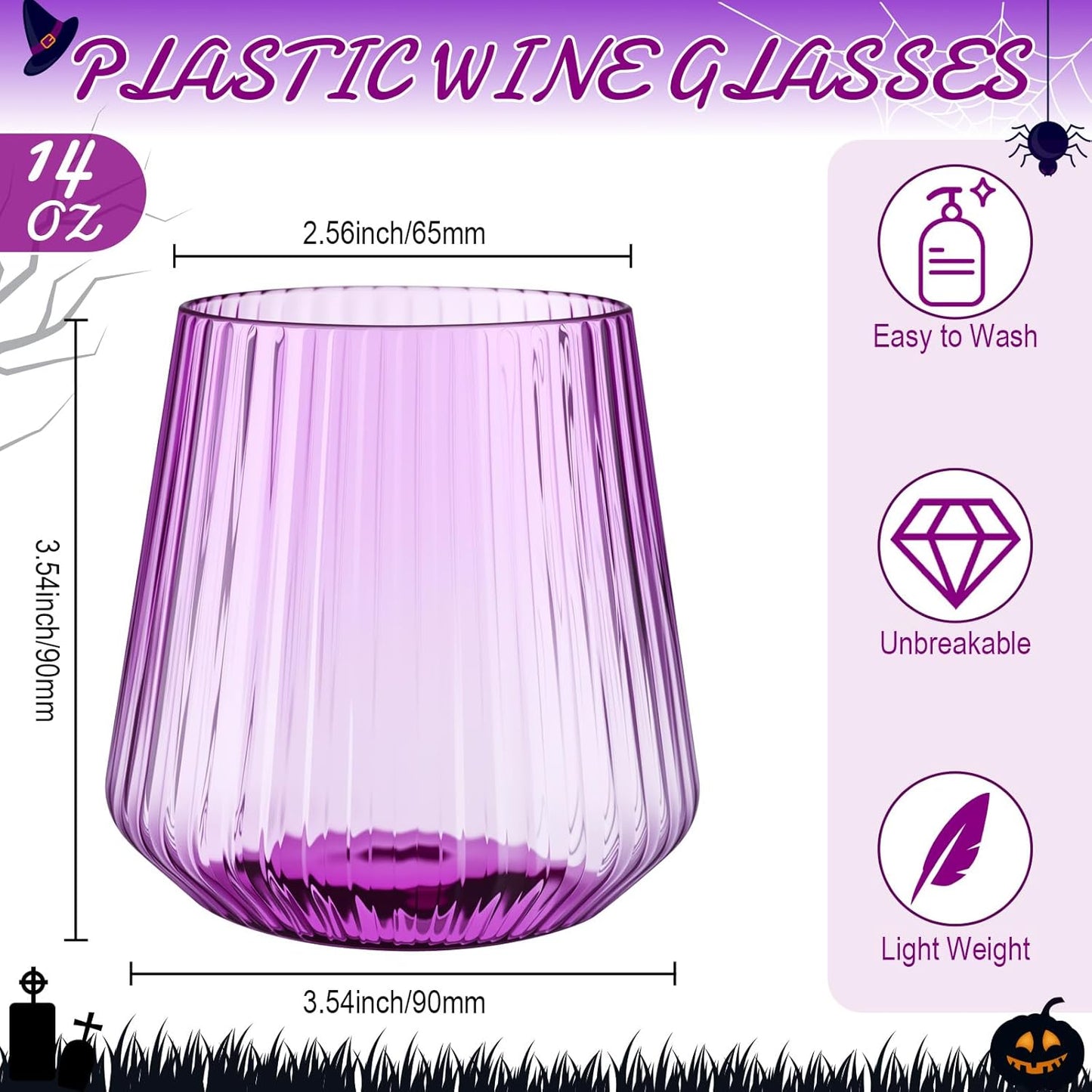 Suclain 50 Pcs Plastic Wine Glasses Ribbed Stemless Wine Glasses 14oz Vertical Design Unbreakable Cups for Outdoor Indoor Vintage Elegant Champagne Whiskey Cups for Party Wedding (Purple)