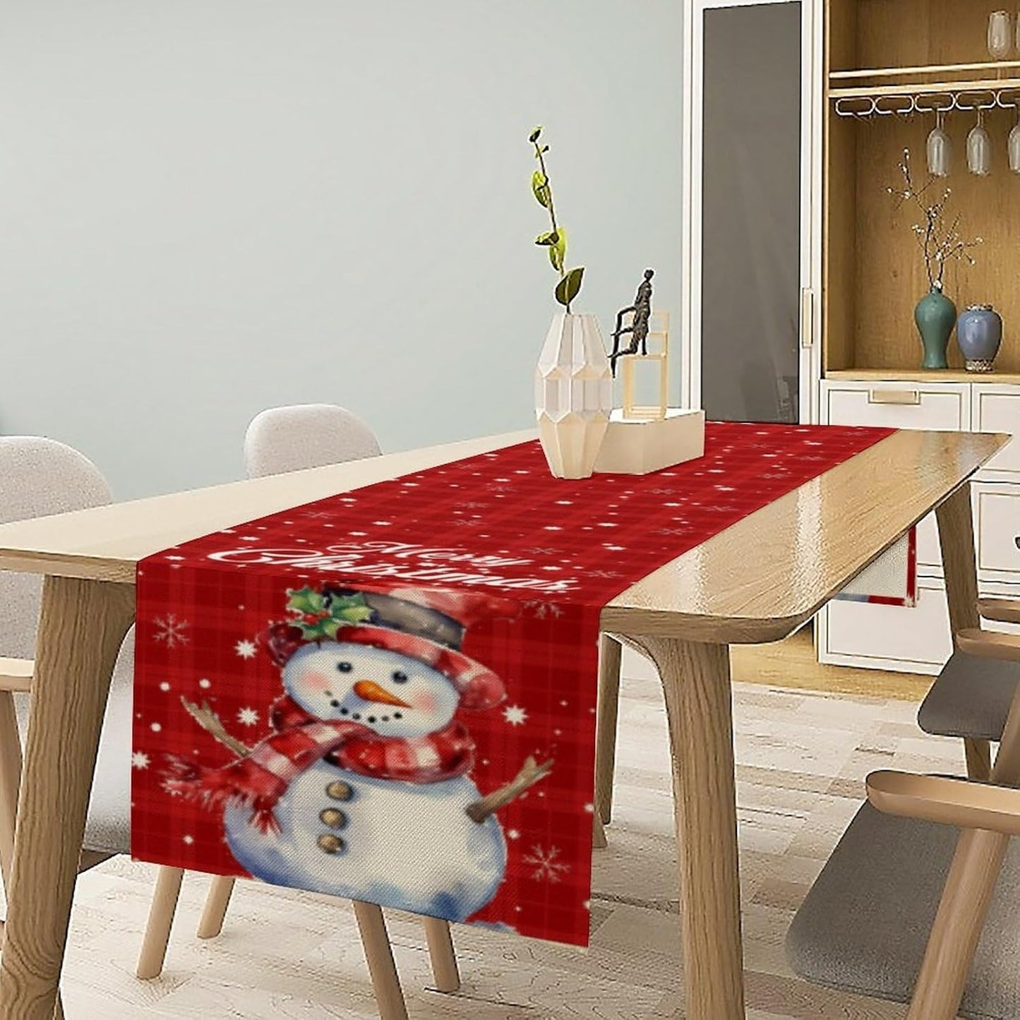 Christmas Table Runner,Christmas Snowman Snowflakes Winter Seasonal Table Cloth Kitchen Dining Table Decoration for Home Party Decor 13x36 Inch