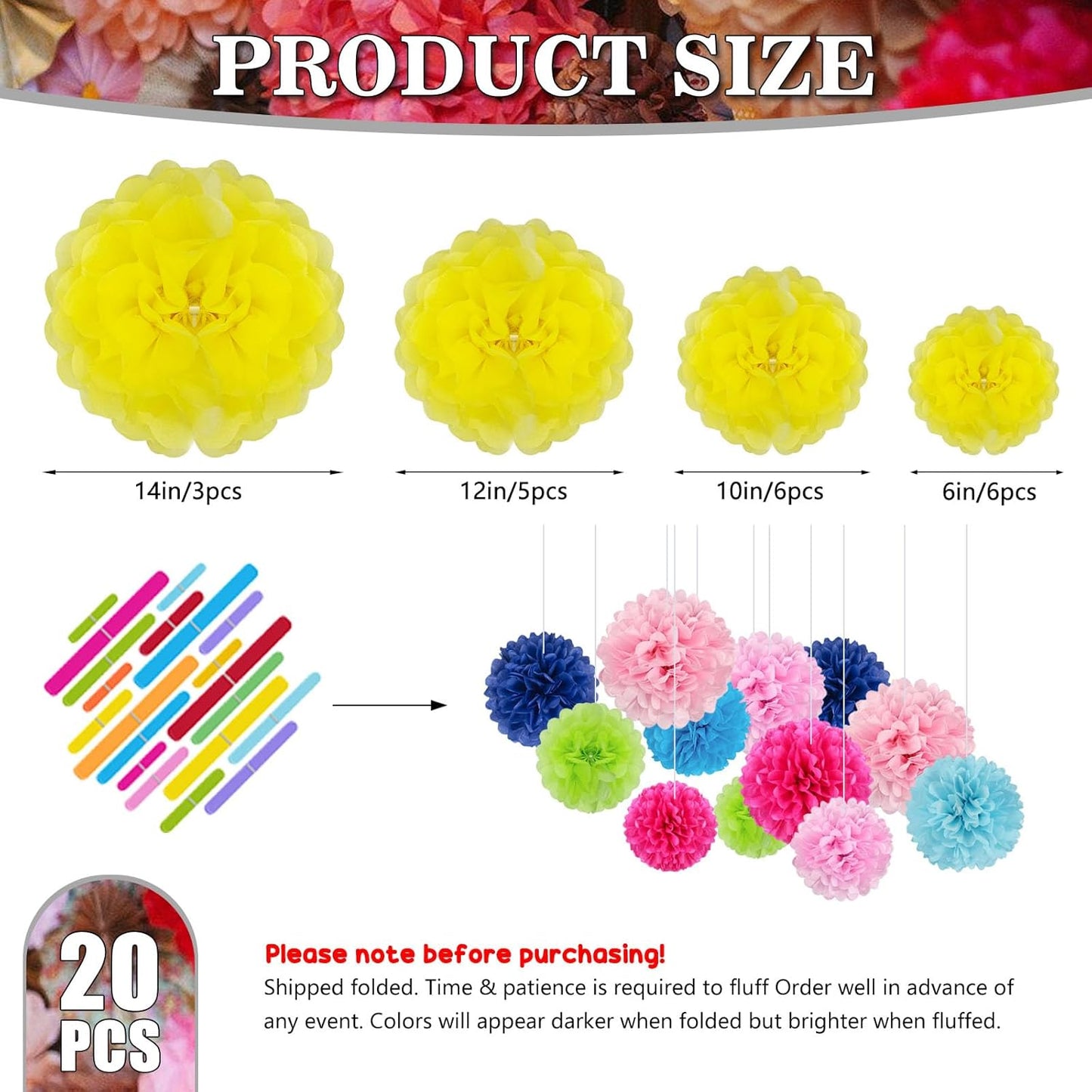 Tissue Paper Pom Poms, Light Yellow Tissue Paper Flowers, Hanging Flower Balls for Weddings Fiesta Parties Birthday Baby Showers Classroom Bridal Shower Decoration (20Piece Set-6/10/12/14Inch)