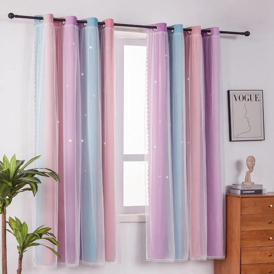 FANLI Ombre Rainbow Blackout Curtains for Kid Girls Bedroom Living Room Darking Stripe Double Layer Star Cut Out Wall Home Decor Gradient Grommet Window Curtains (Pink Purple, 52W x 63L)