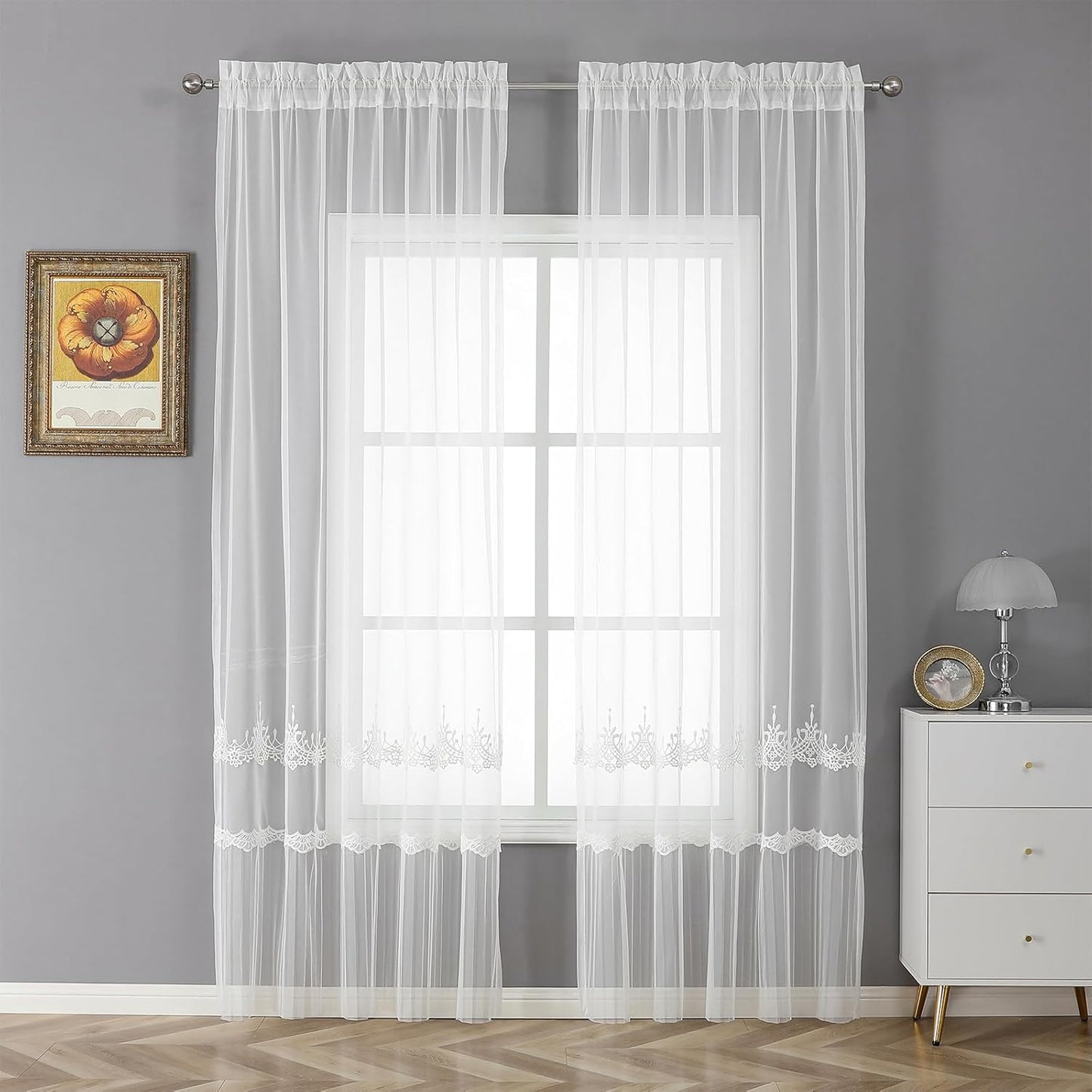 VISIONTEX White Sheer Voile Curtains, Decorative White Embossed European Rod Pocket Window Drapes for Home Kitchen, Living Room and Bedroom 54 x 84 Inch, Set of 2 Curtain Panels