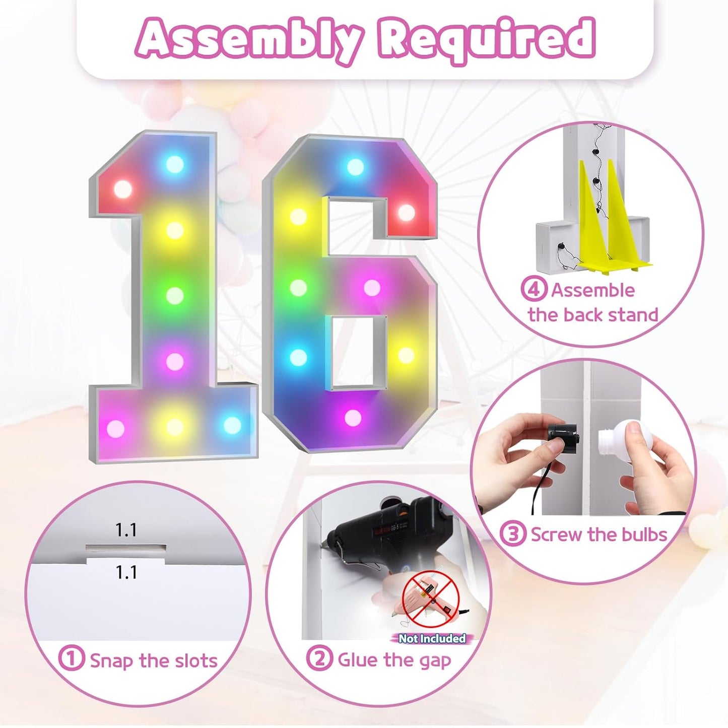 Marquee Numbers 16th-Birthday Decoration: Colorful 3FT Large Light Up 16 Year Old Birthday Decorations Anniversary Backdrop for Boys Girls Cardboard Sign 18 Colors Number 16 Mosaic Balloon Frame