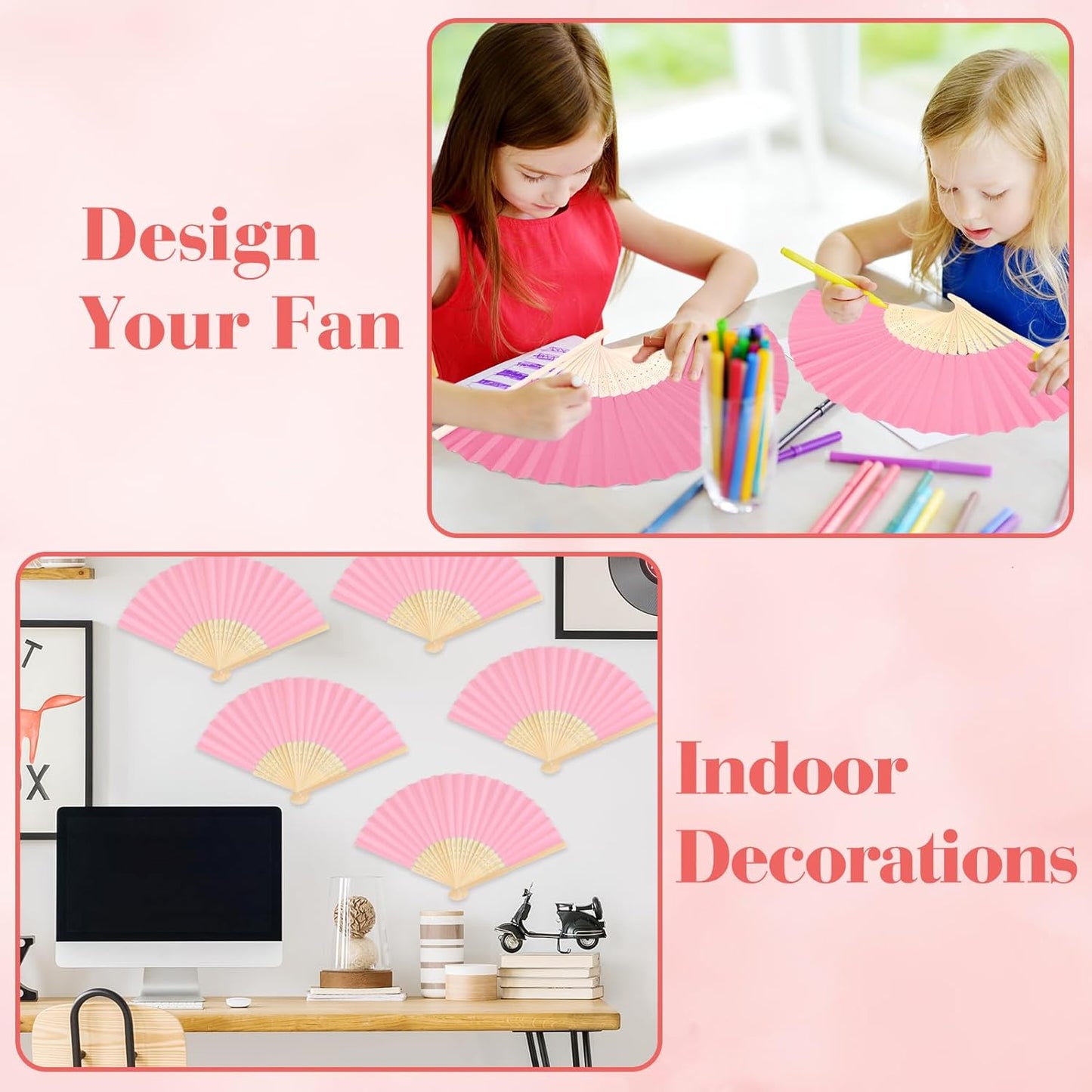 12 Pieces Pink Hand Held Bamboo Folding Fans Paper Fans Handheld for Women Foldable Girls Wedding DIY Decoration Church Home Party Favors Summer