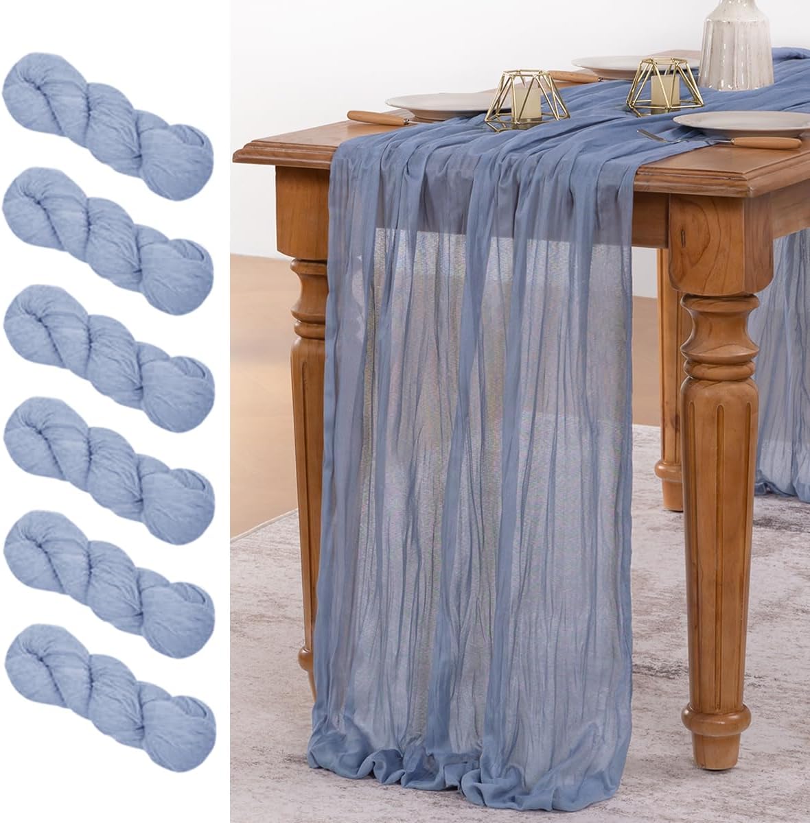 MLMW 6 Pack Dusty Blue Table Runner Cheesecloth Gender Reveal Boho Gauze Rustic Cheese Cloth Table Runner 160 inch Sheer 13.3ft for Wedding Party Baby Bridal Shower Birthday