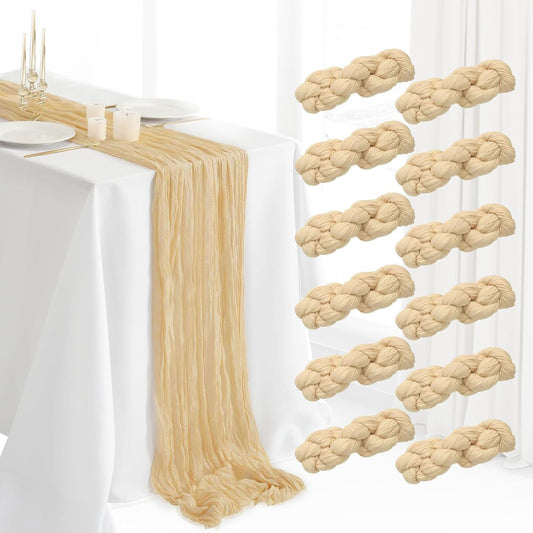12Pcs Beige Cheesecloth Table Runner 120 Inch10FT Beige Rustic Boho Cheesecloth Table Runnerfor Wedding Party Baby Shower Birthday Home Decor Holiday Decorations