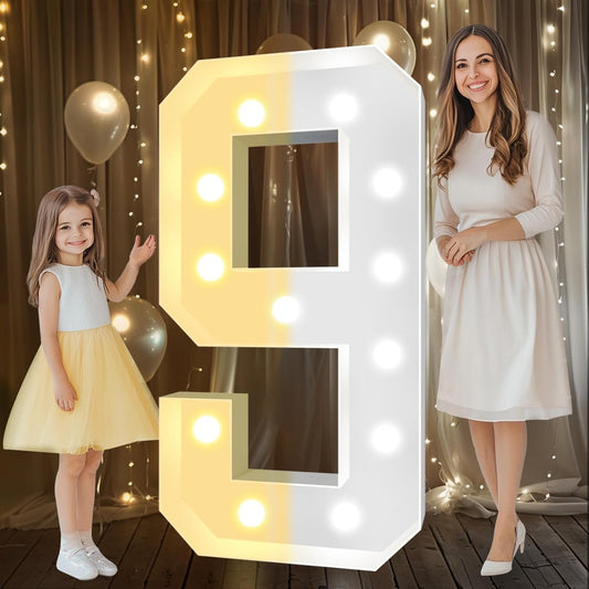 Pooqla 4 FT Light Up Marquee Numbers, Cool White and Warm White LED Large Lighted Marquee Numbers, Giant Mosaic Light Up Numbers for Balloons 9th 19th 90th Birthday Party Decoration, LED Number 9