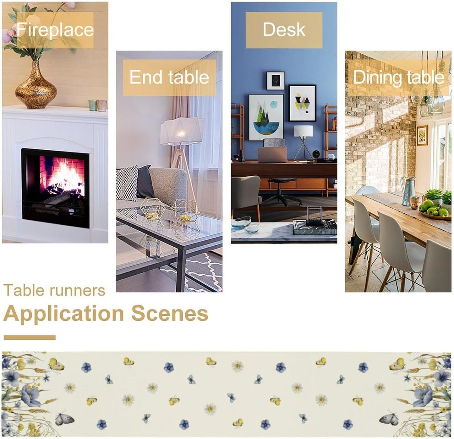 Floral Table Runner, Spring Watercolor Flower Plants Nature Butterfly Table Runner for Kitchen Dinner Living Room Home Party, 13x108 Inch