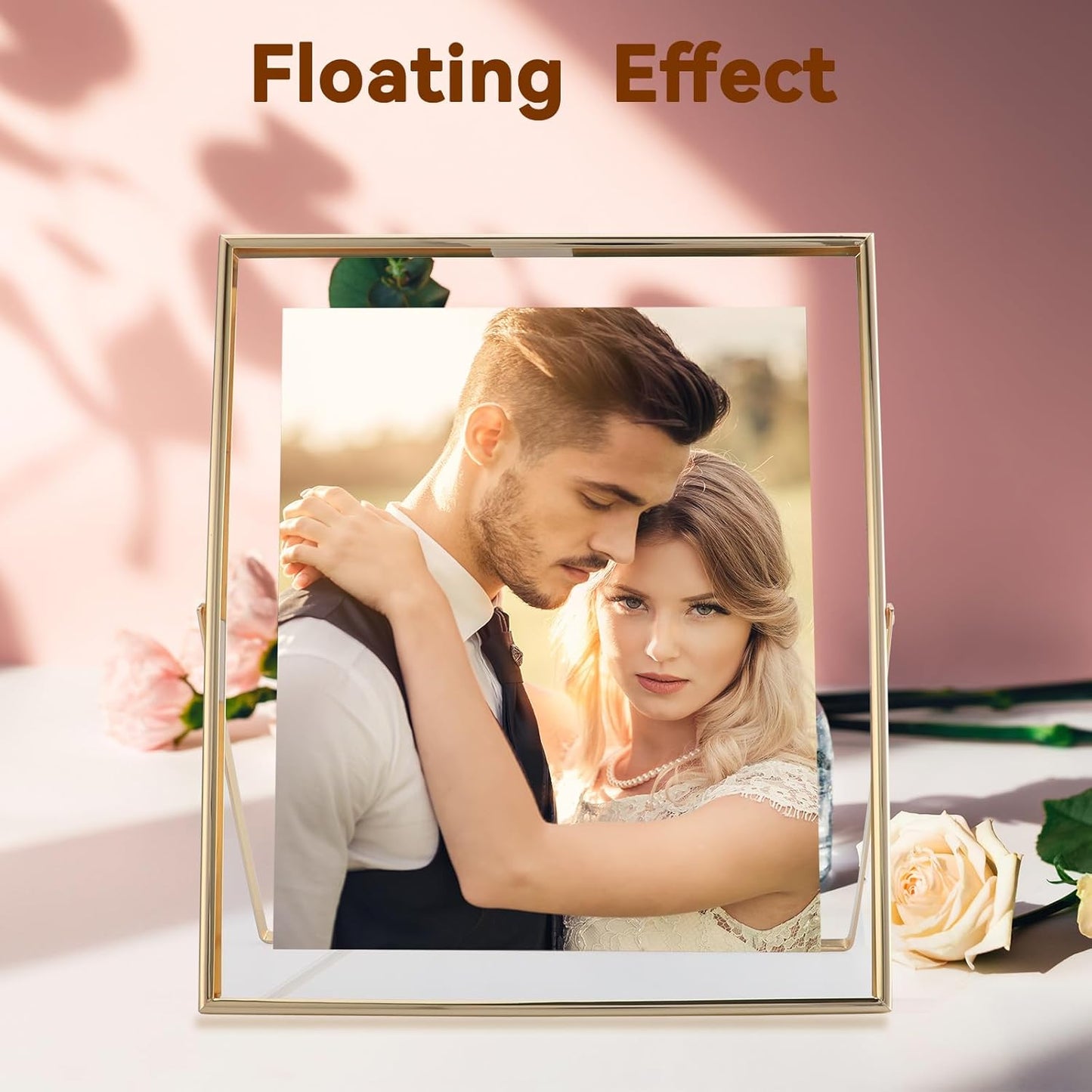 Gold Floating Frame, 10"x12", Vertical, For Picture 8.5x11, 8x10, 7x9, Tabletop Shelf Photo Frame, Classy For Summer Holiday, Birthday or Wedding, Home or Office Décor