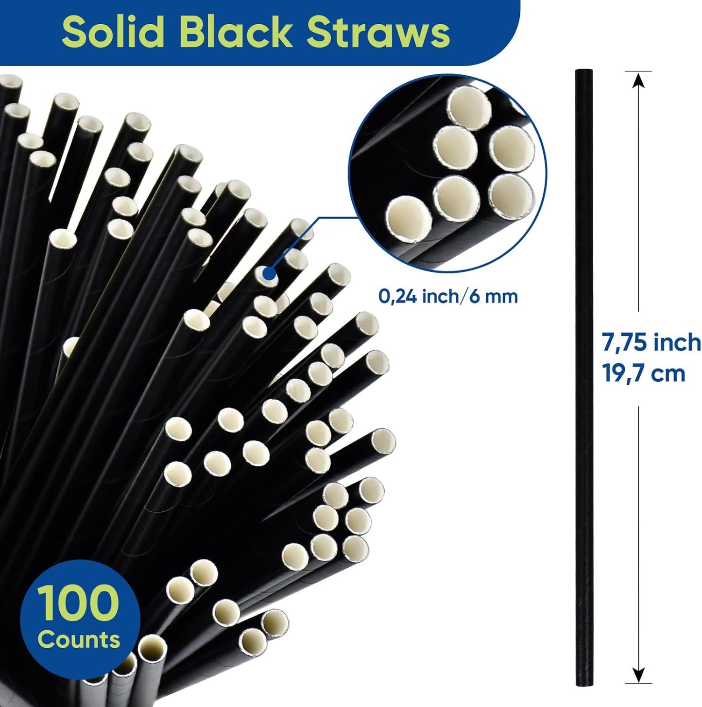 Disposable Black Paper Drinking Straws - 100 Counts, 7.75'' x 0.24'' - for Cocktaill, Coffee, Beverage, Bars, Restaurants