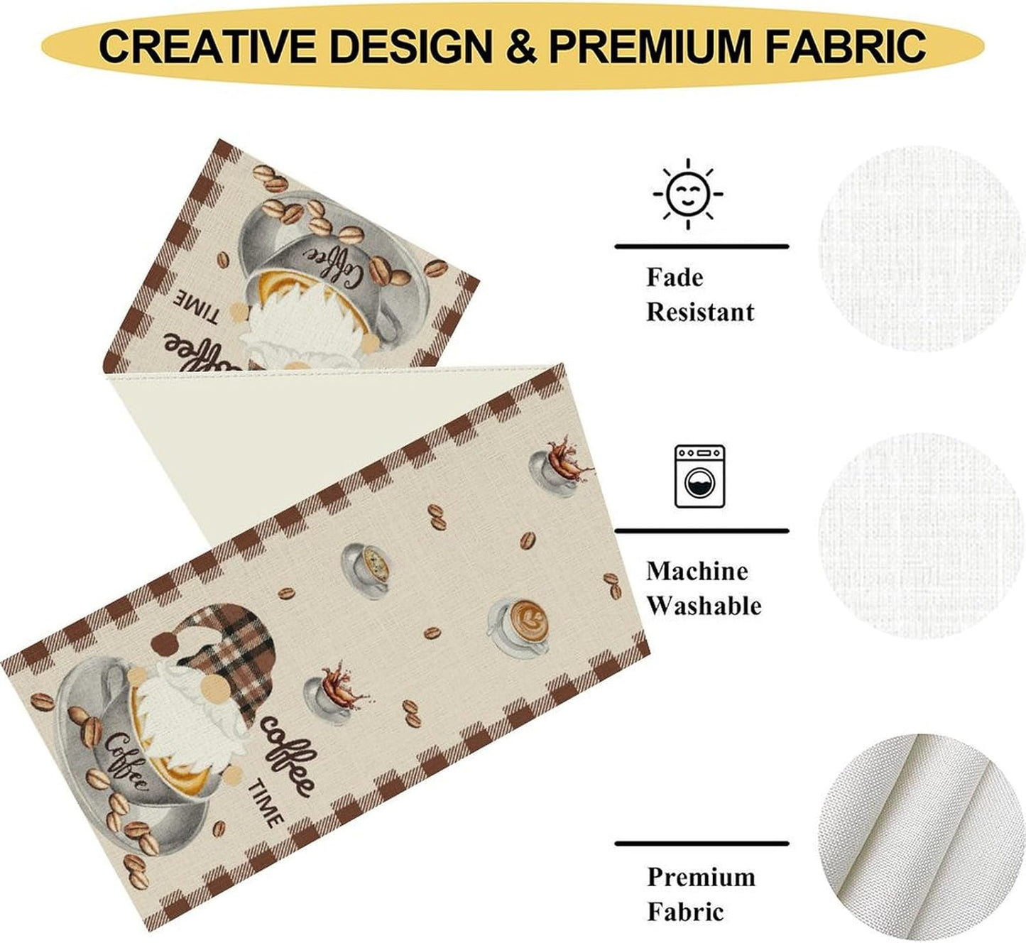 Coffee Time Table Runner, Farmhouse Retro Gnome Coffee Cup Tea Party Cafe Table Center Decor for Home Kitchen Dining Patio Holiday Party Indoor Outdoor Table Decorations,13"x36" Inch