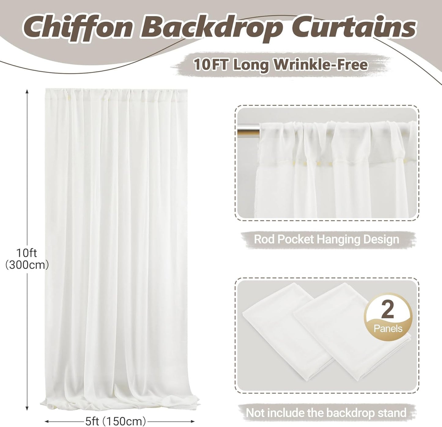 10ft x 10ft Cream White Backdrop Curtains, Wrinkle-Free Sheer Chiffon Fabric Photo Backdrop Drapes for Wedding Arch Party Ceremony Stage Photography Decorations