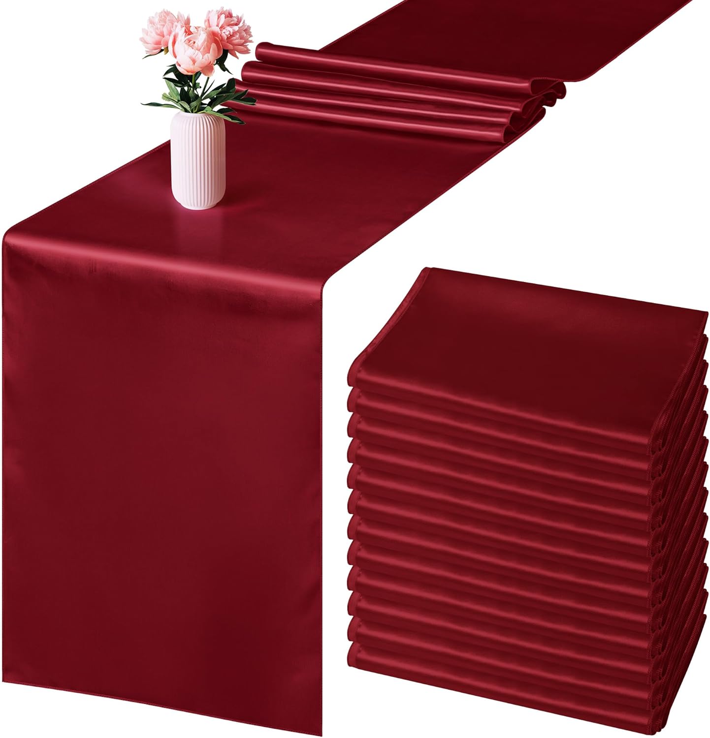 Aneco 12 Pack Satin Table Runner 12 x 108 Inch Burgundy Long Wedding Satin Silk Table Runner for Wedding Banquet Graduations Birthday Party Decoration