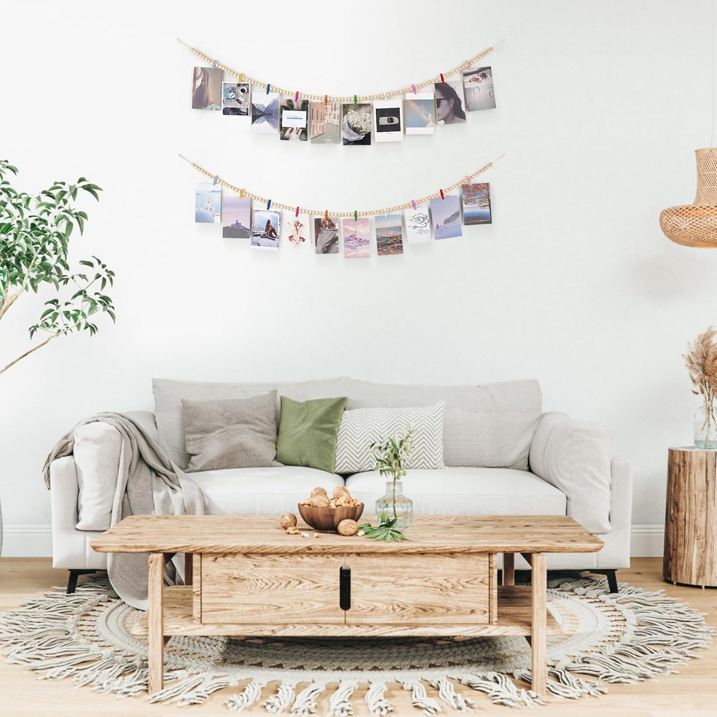 Mkono Hanging Photo Display with Clips, Boho Wooden Bead Garland Banner, Collage Card Picture Kids Art Holder String with 10 Clips for Christmas Bedroom Dorm Decor, Teen Girl Gifts, Mutil, 2 Pack