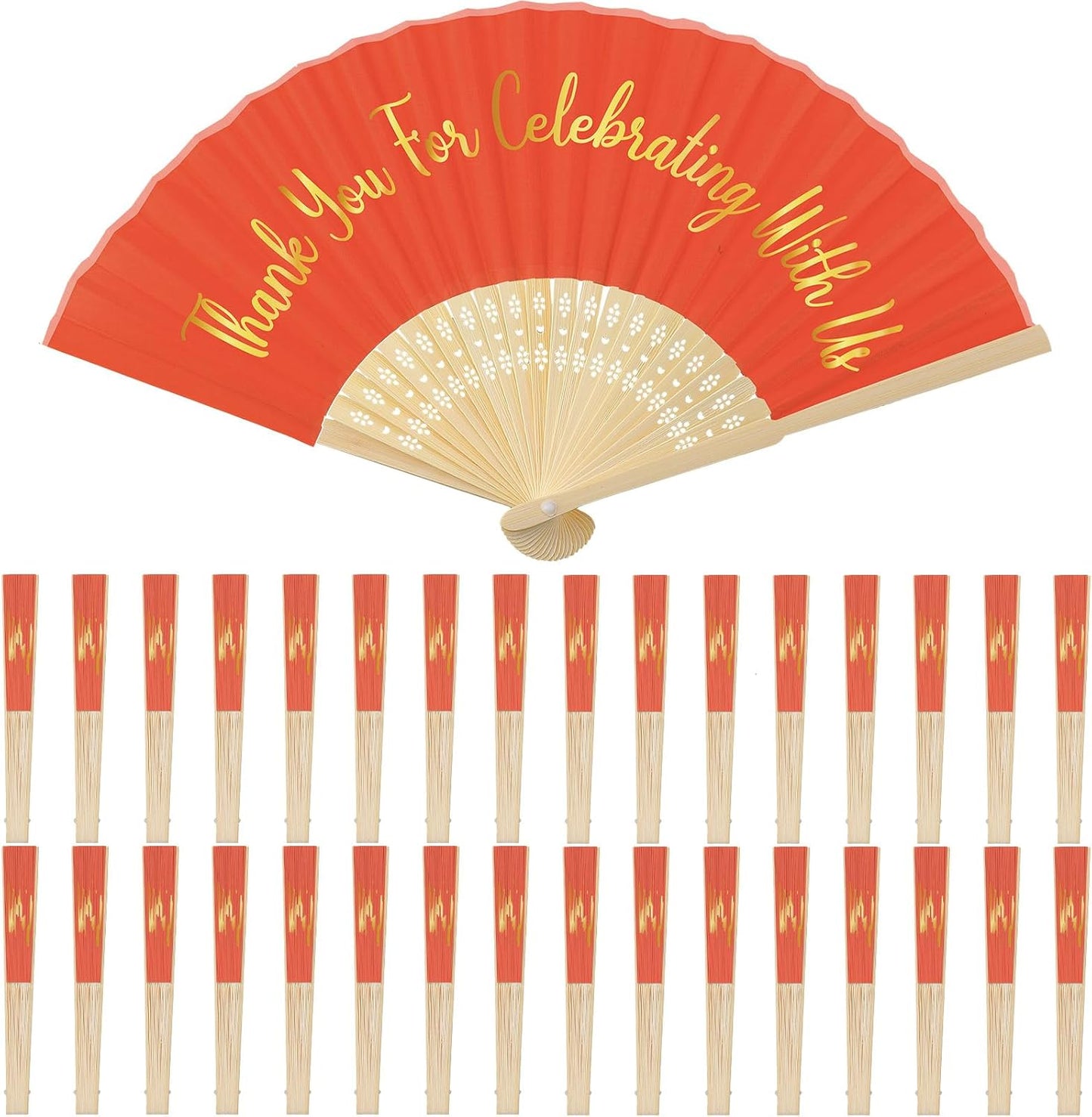 Jetec 50 Pcs Wedding Fans for Guests Bulk Silk Hand Fans Handheld Folded Thank You for Celebrating with Us Wedding Favors for Bridal Bridesmaid Baby Shower Dancing Party Church Gift(Orange)