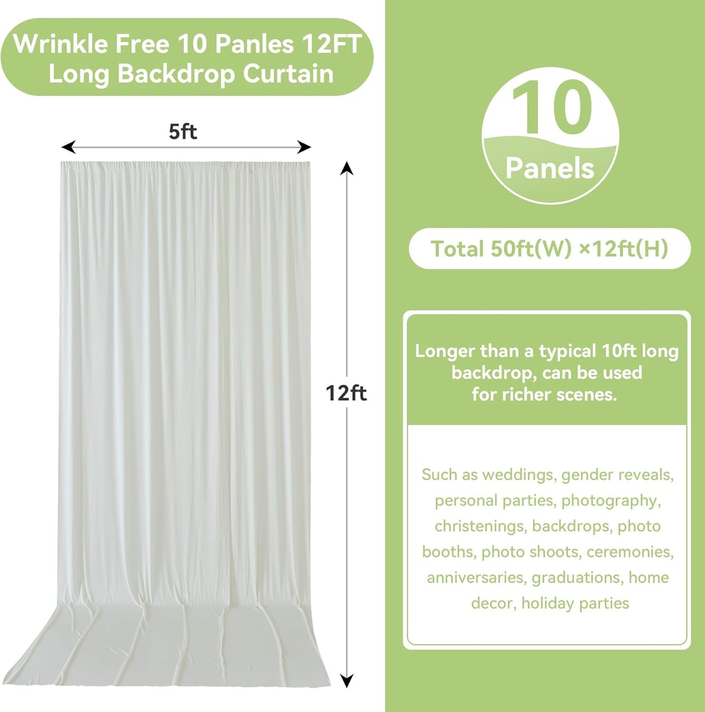 leegleri 50ftx12ft Wrinkle Free Ivory Backdrop Curtain, 10 Panels 12FT Height Ivory Wedding Backdrop Drapes, Silky Polyester Back Drop Cloth for Birthday Photography Background Party Backdrop Draping