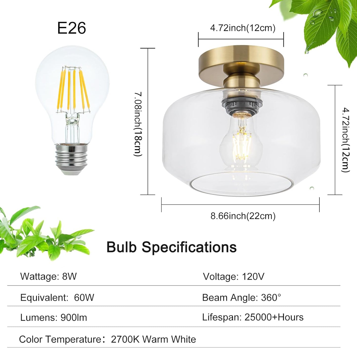 Golden Semi Flush Mount Ceiling Light - Includes 900LM Bulb (60W Eqv) - Clear Glass & Brass Fixture for Hallway, Bathroom, Kitchen Lighting