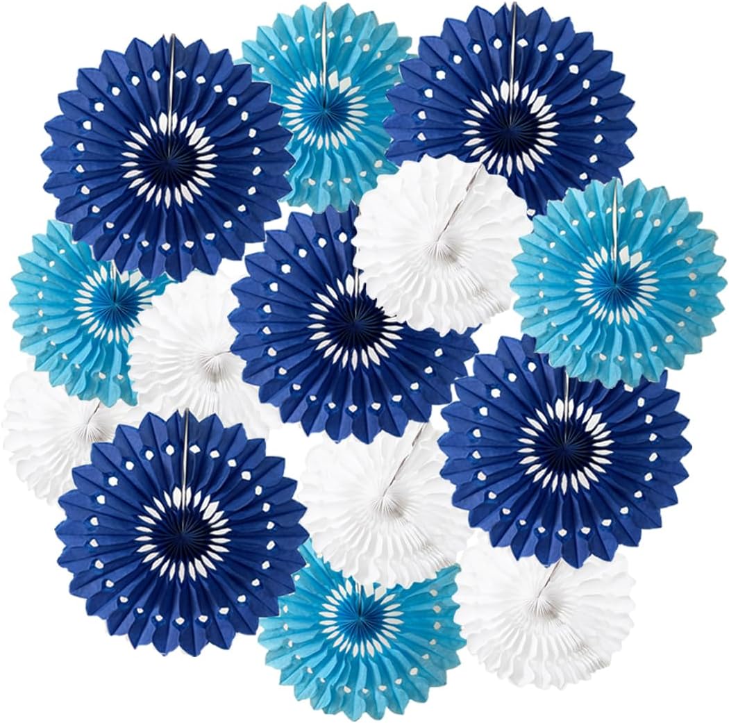 15pcs 10'' 12'' 14'' Paper Fans Decorations White Blue Round Tissue Paper Fans Hanging Paper Fans Set Party Paper Honeycomb Fans Decorations for Party Birthday Wedding Events