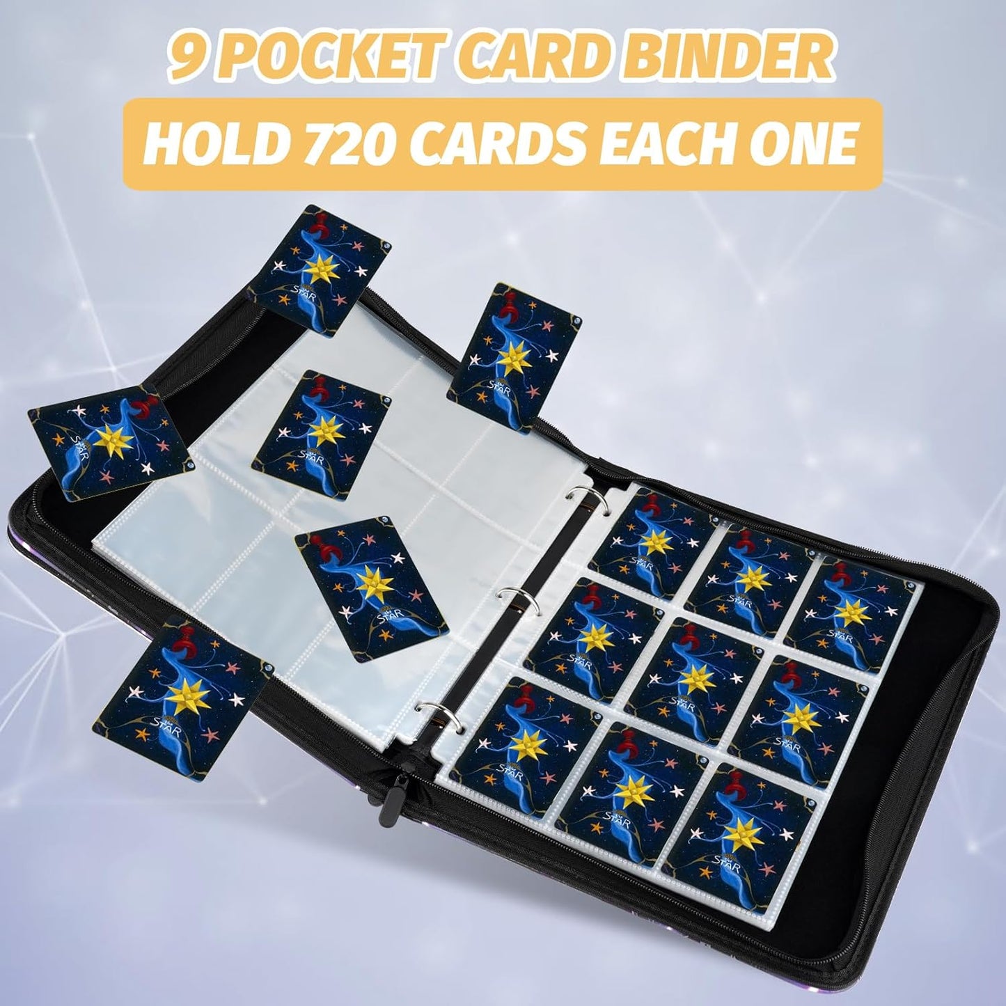 Trading Card Binder for MTG Cards, Premium 9 Pocket Card Binder, 720 Double Sided Pocket Collector Card Album for Standard Cards,Card Collection Folder for YGO/PTCG/Game Cards (Yellow Print)