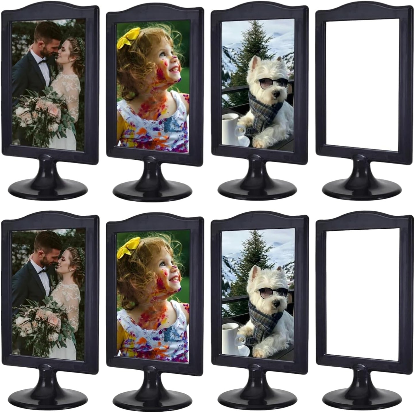 NahNah Double Sided Standing Picture Frames - (Black, 8 Count) 4x6 Inch, Plastic Pedestal Photo Frame with Inserts and Base - 2 Sided Tabletop Vertical Display Frame for Wedding Table Bridal