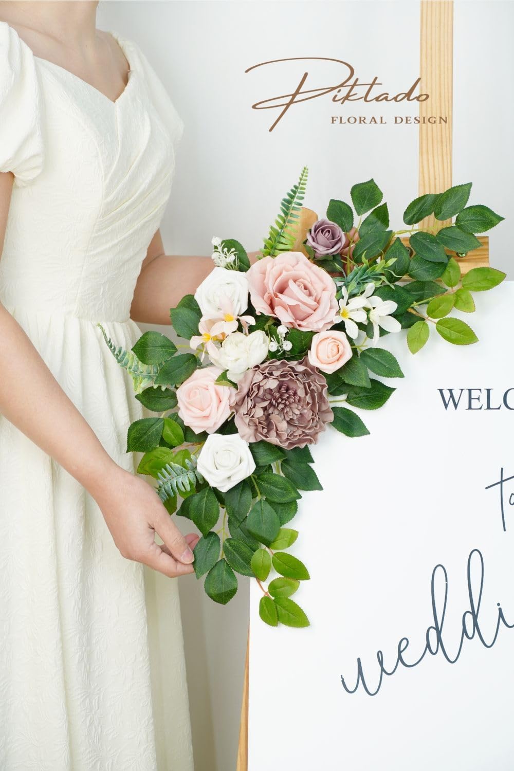 Wedding decor (pack of 2) Welcome Sign Flower Backdrop Garland For Ceremony Reception Wall Easel Home Decoration Entryway Faux Outdoor Board Head Table Decor (Dusty Rose)