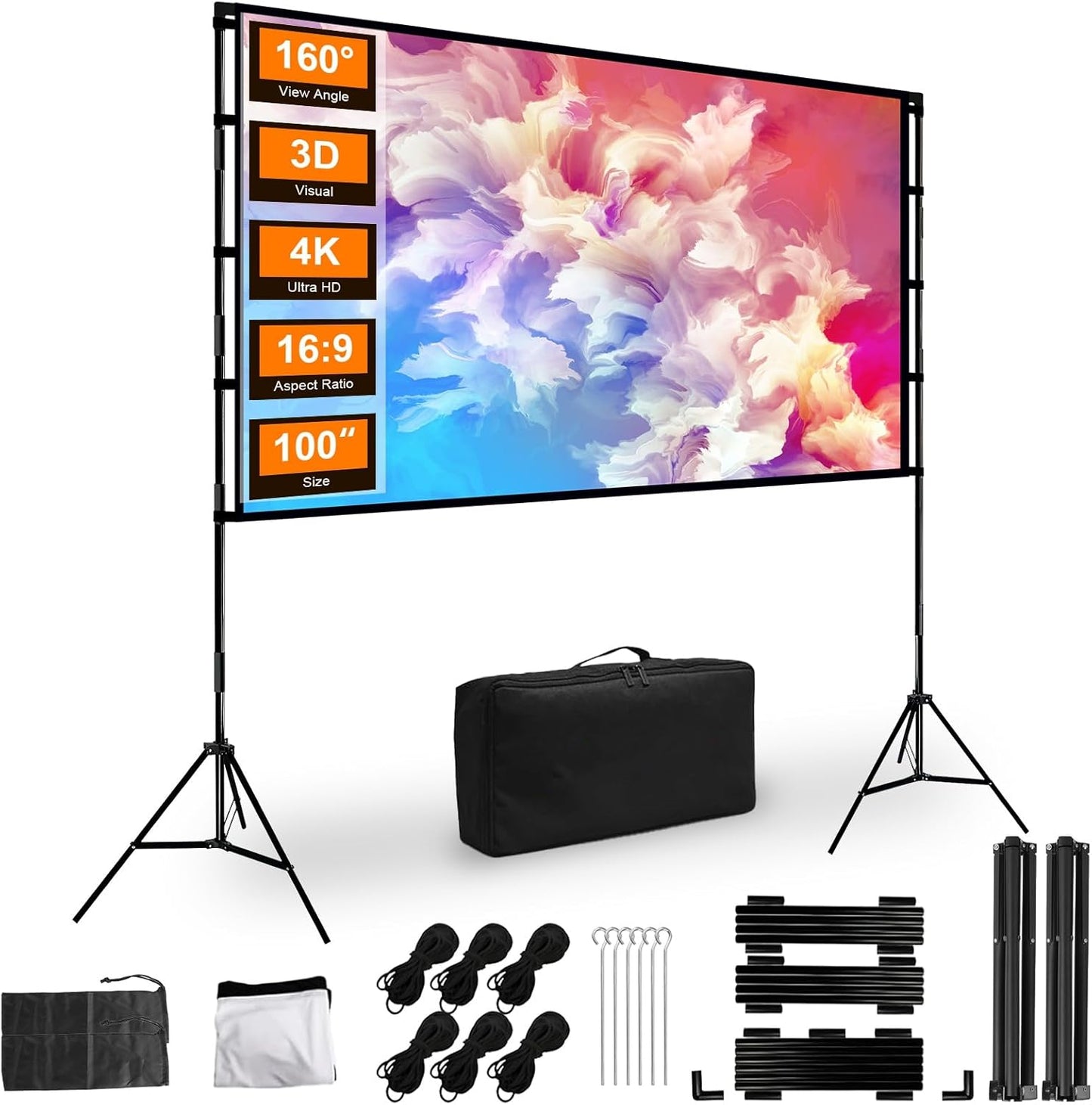 iMounTEK Backdrop Stand with Projector Screen - 16:9 4K HD 100 inch Portable Projector Screen Outdoor Indoor Lightweight Movie Screen with Carry Bag for Wedding Home Backyard Movie Night