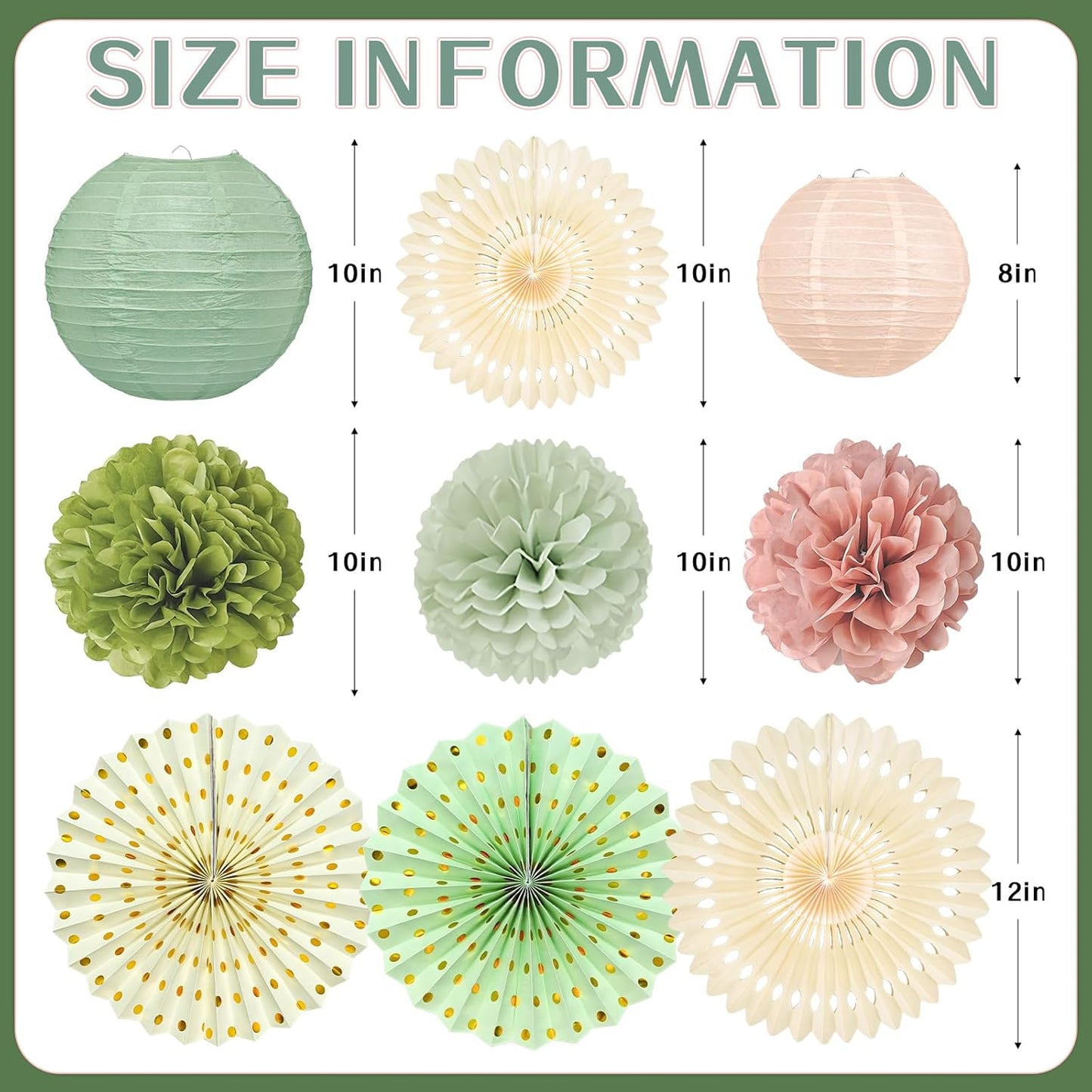 15Pcs Sage Green Party Decorations, Hanging Paper Lanterns Paper Fans Tissue Flower Pom Poms for Women Girls Birthday Wedding Bridal Baby Shower Green and Pink Party Decorations