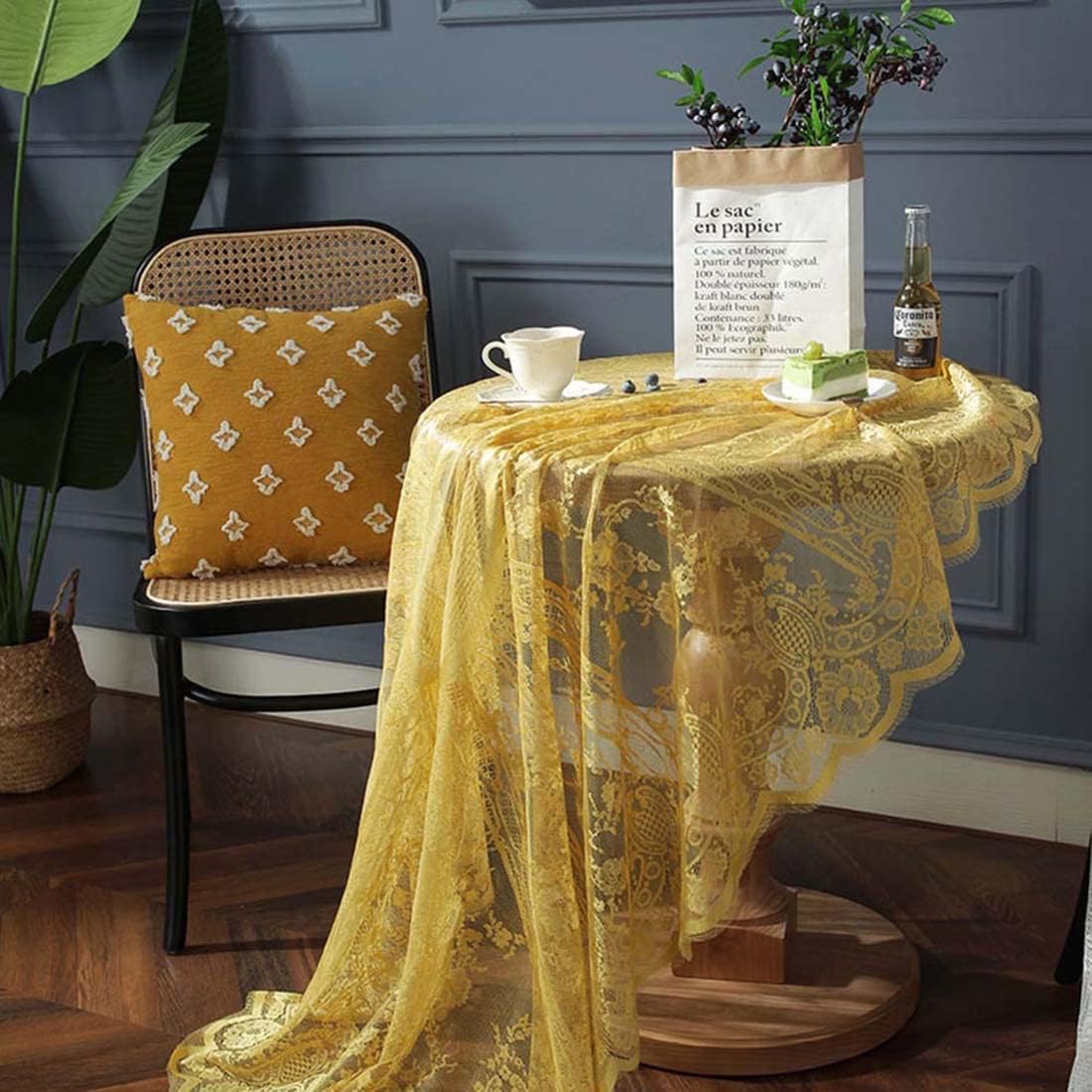 Vintage 60 inch Yellow Lace Tablecloth Floral Embroidered Boho Shabby Chic Small Table Cover for Wedding Halloween Party Dinning Holiday, 1 Piece