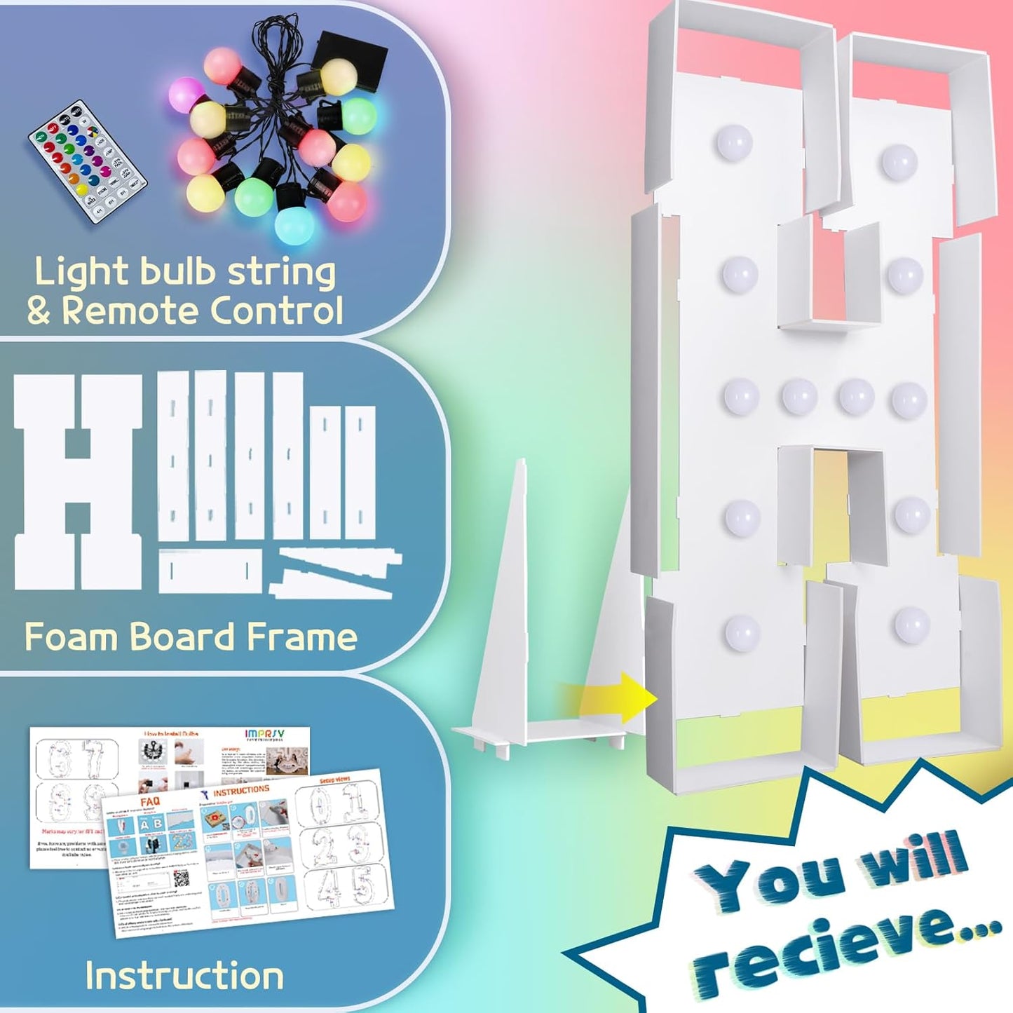 imprsv 4FT Colorful Marquee Light Up Letters H, 18 Colors Large Light up Letters Alphabet Sign with Remote, Large Marry Me Sign, Birthday Party Decorations Baby Shower Anniversary Wedding Decoration