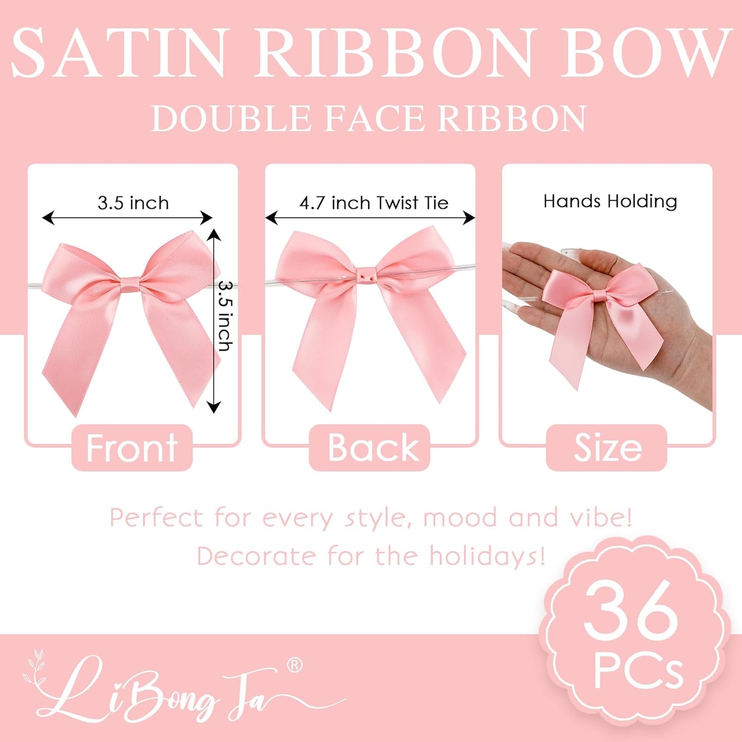 3.5" Pink Bow Satin Pre-Tied Bows for Gift Wrapping, Small Bows for Crafts, Premade Bows, Candy Apple Bows, Twist Tie Bows for Cake Decorating, Party Favor, Wedding Decoration-36 Counts