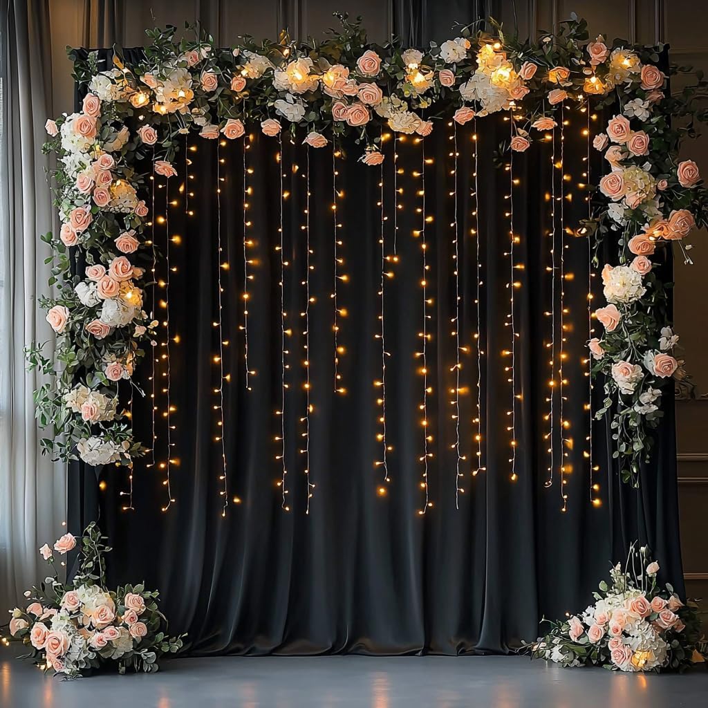 50ftx12ft Wrinkle Free Black Backdrop Curtain, 10 Panels 12FT Height Black Wedding Backdrop Drapes, Silky Polyester Back Drop Cloth for Birthday Photography Background Party Backdrop Draping