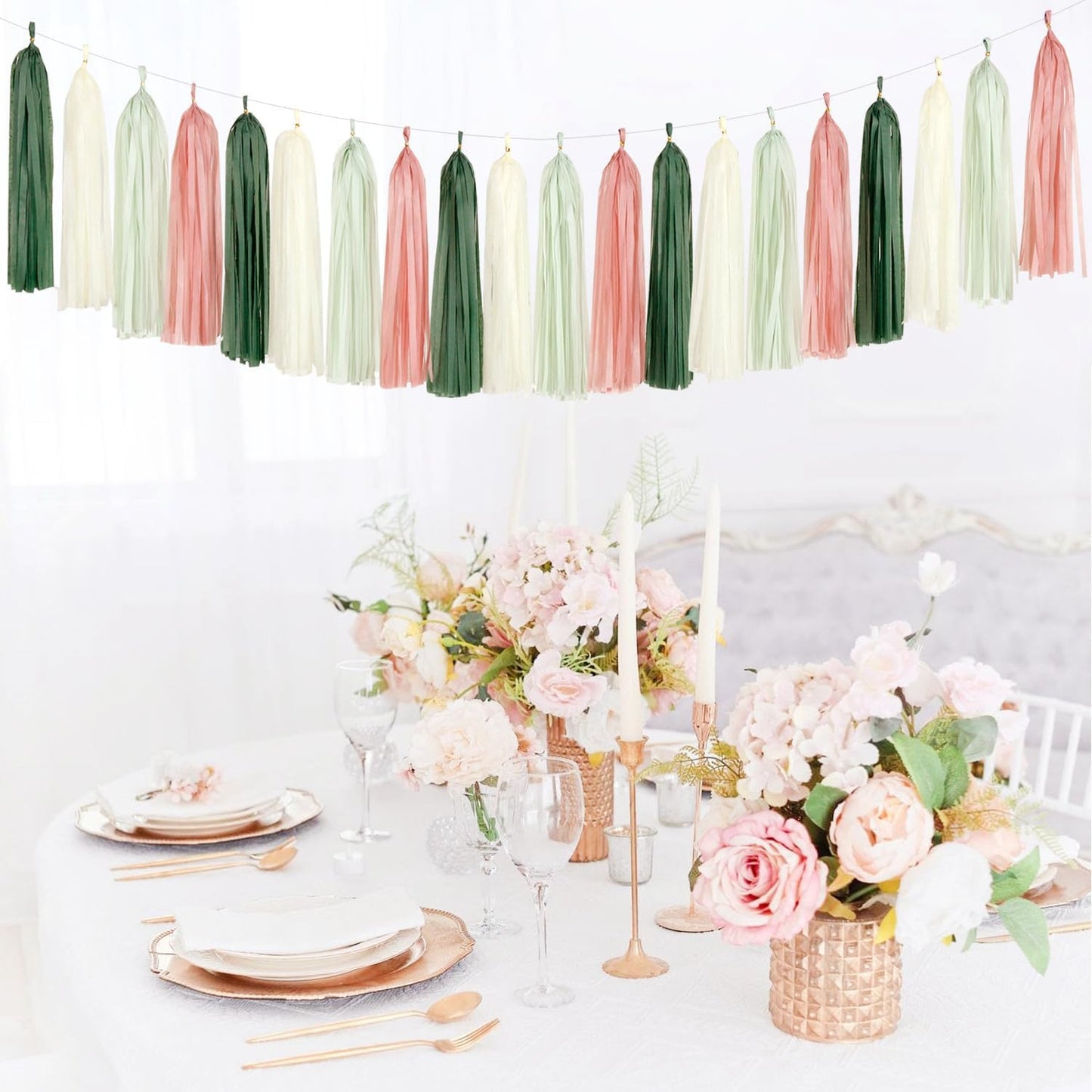 Sage-Olive Green Pink-Beige Boho Party-Decorations - 33pcs Birthday Streamers Tassel Garland,Banner Tissue Pom Poms,Paper Lantern Fans,Rustic Neutral Wedding Baby Bridal Shower Engagement Decor Hugtmr