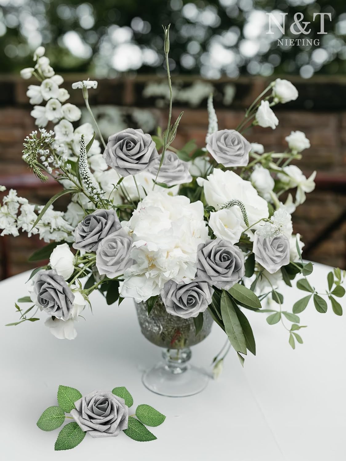 N&T NIETING Artificial Flowers, 25pcs Fake Flowers with Stems for Cake Decoration DIY Wedding Party Baby Shower Decoration, Silver White and Silver Grey