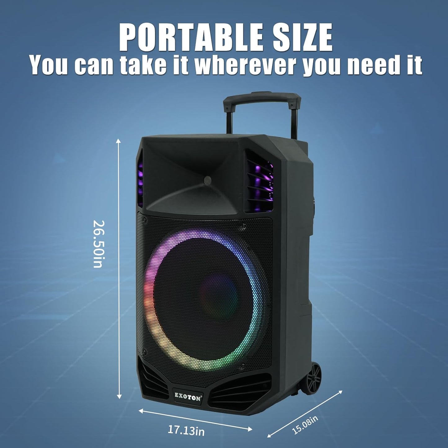 EXOTON S-1501 15 Inch Portable Rechargeable PA Speaker - 1600W, Bluetooth, TWS, USB/RCA, 2 UHF Mics, Remote, 7-Color Lights, DSP with 4 Scene Presets, 5-Band EQ