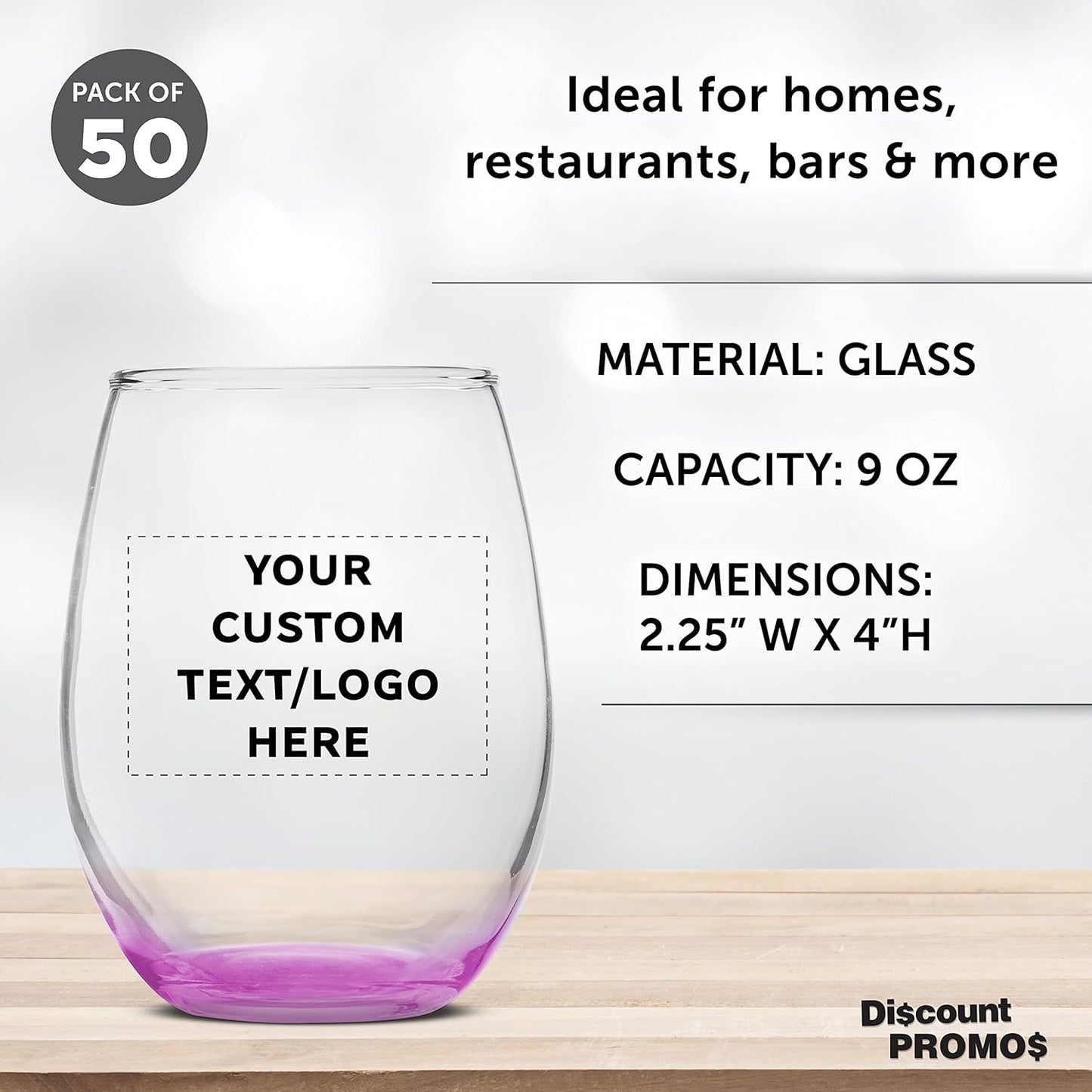 Custom Stemless Wine Glass 9 oz. Set of 50, Personalized Bulk Pack - Great for Wedding Favors, Bachelorette Party Decorations, Party Favors, Color Bottom - Pink