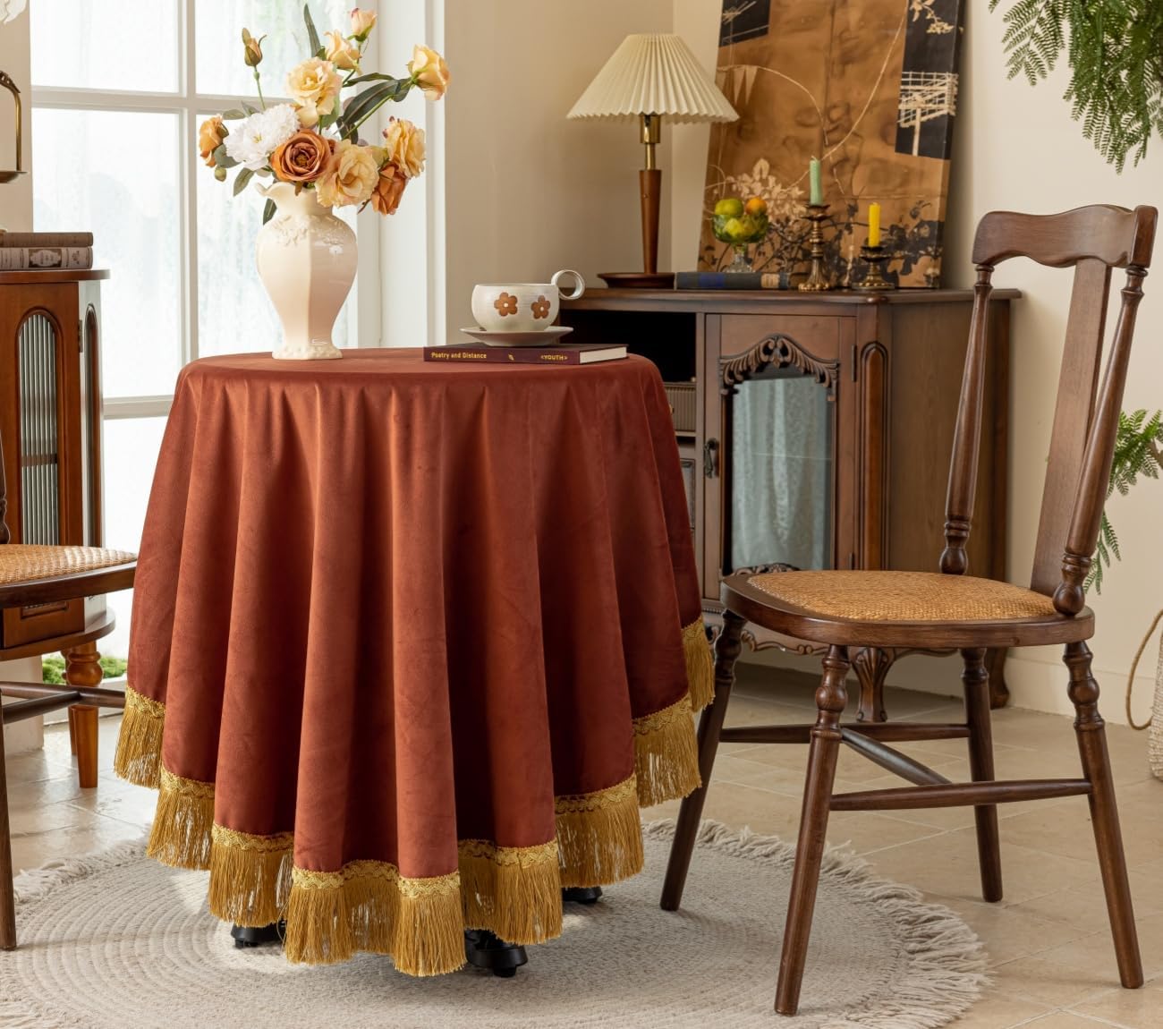 F-CHU Luxury Burnt Orange Tablecloth Thickset Velvet Tablecloth with Beautiful Gold Vintage Tassels Table Cloth for Home Decor Wedding, Party, Banquet and Events 67" Round
