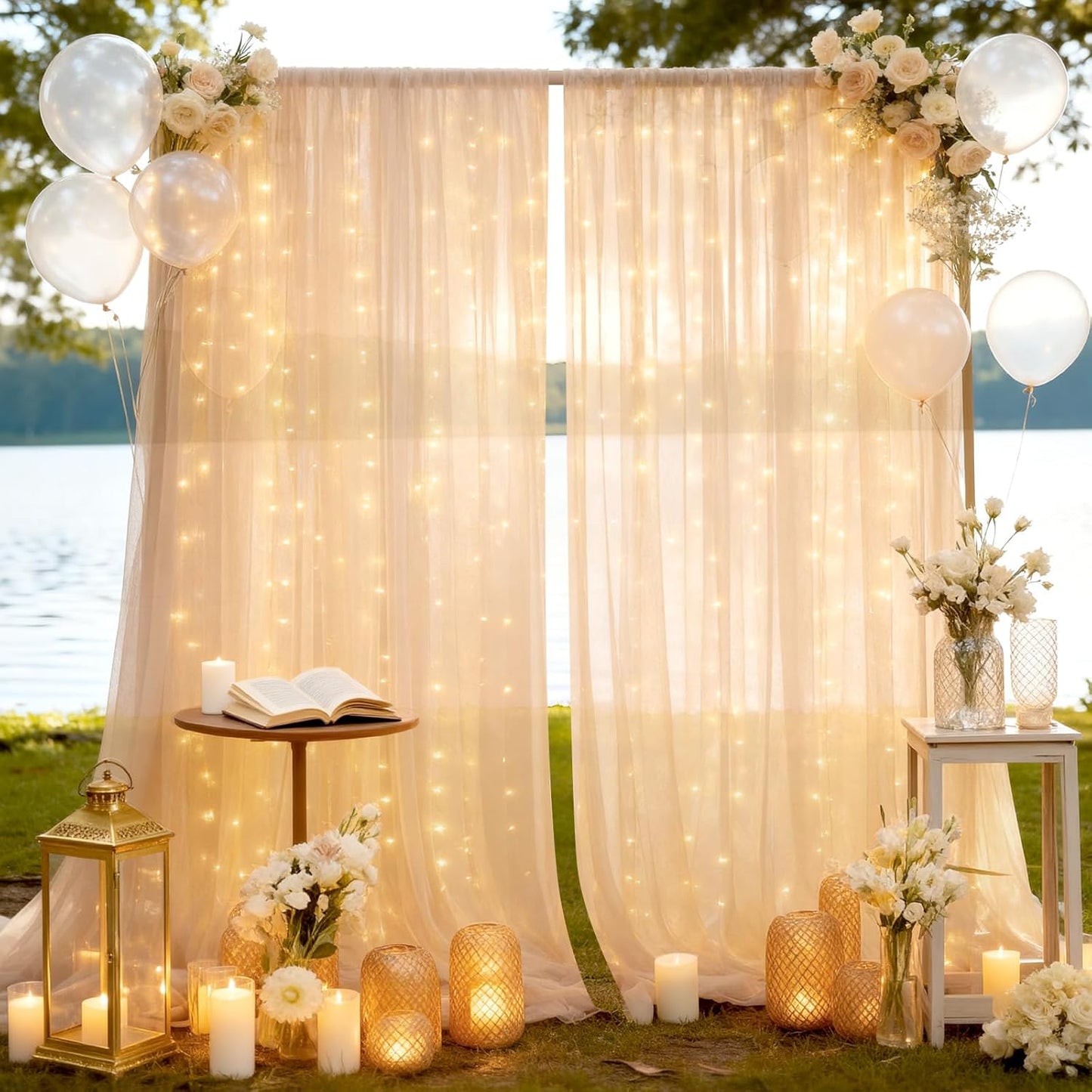 10×8ft Tulle Backdrop Curtains with Lights String - 300LED Fairy Lights Sheer Curtain Backdrop for Weddings Baby Shower and Birthday Party Decorations(4 Panels 5×8ft)
