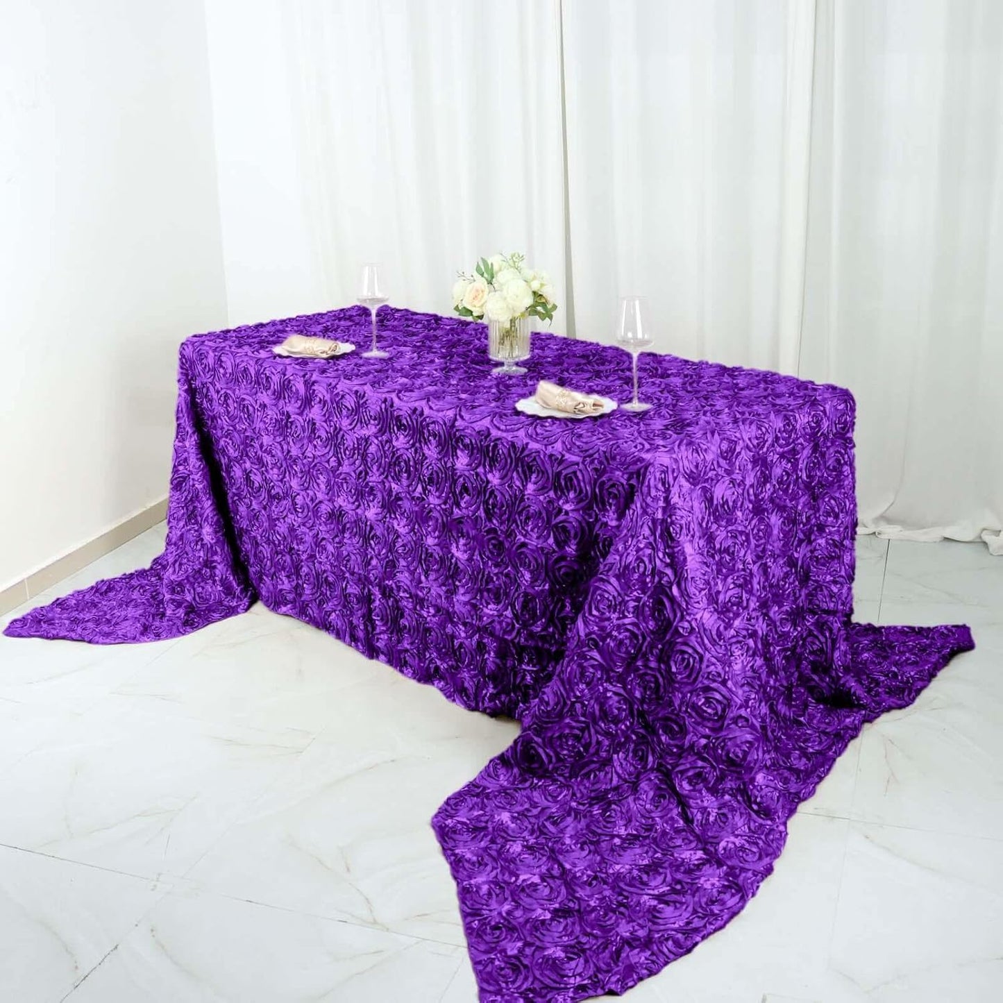 Efavormart 90"x156" Wholesale Rectangle Table Cover Purple Grandiose Rosette 3D Satin Tablecloth for Wedding Party Event Decoration