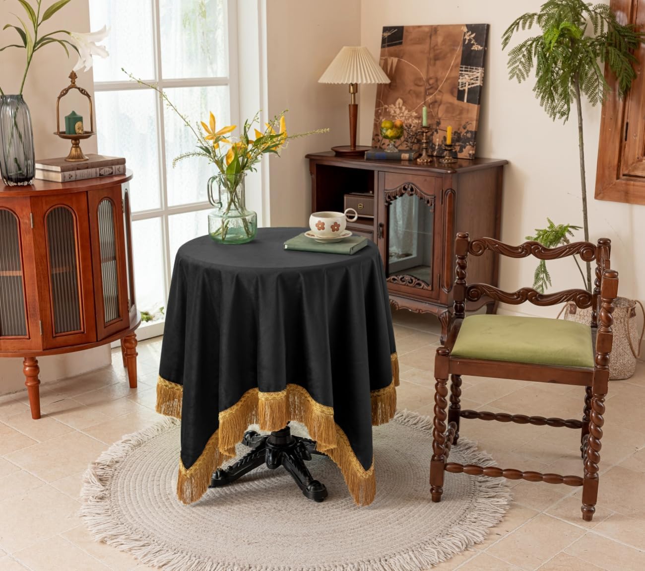 F-CHU Luxury Black Tablecloth Thickset Velvet Tablecloth with Beautiful Gold Tassels Table Cloth for Home Decor Wedding, Party, Banquet and Events 60x70-Inch