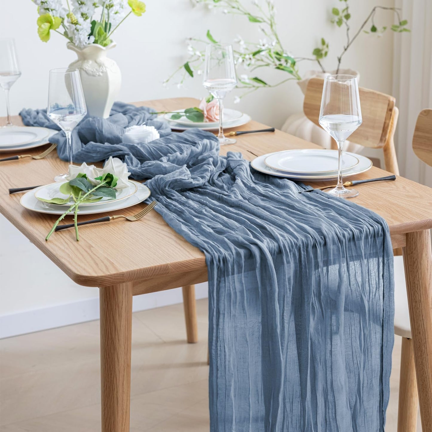 Asee'm 6pcs Cheesecloth Table Runner 120 Inches Long Dusty Blue Boho Gauze Cheese Cloth Runner 10FT Rustic Sheer Table Runners for Christmas Wedding Party Baby Shower Spring Easter Decoration