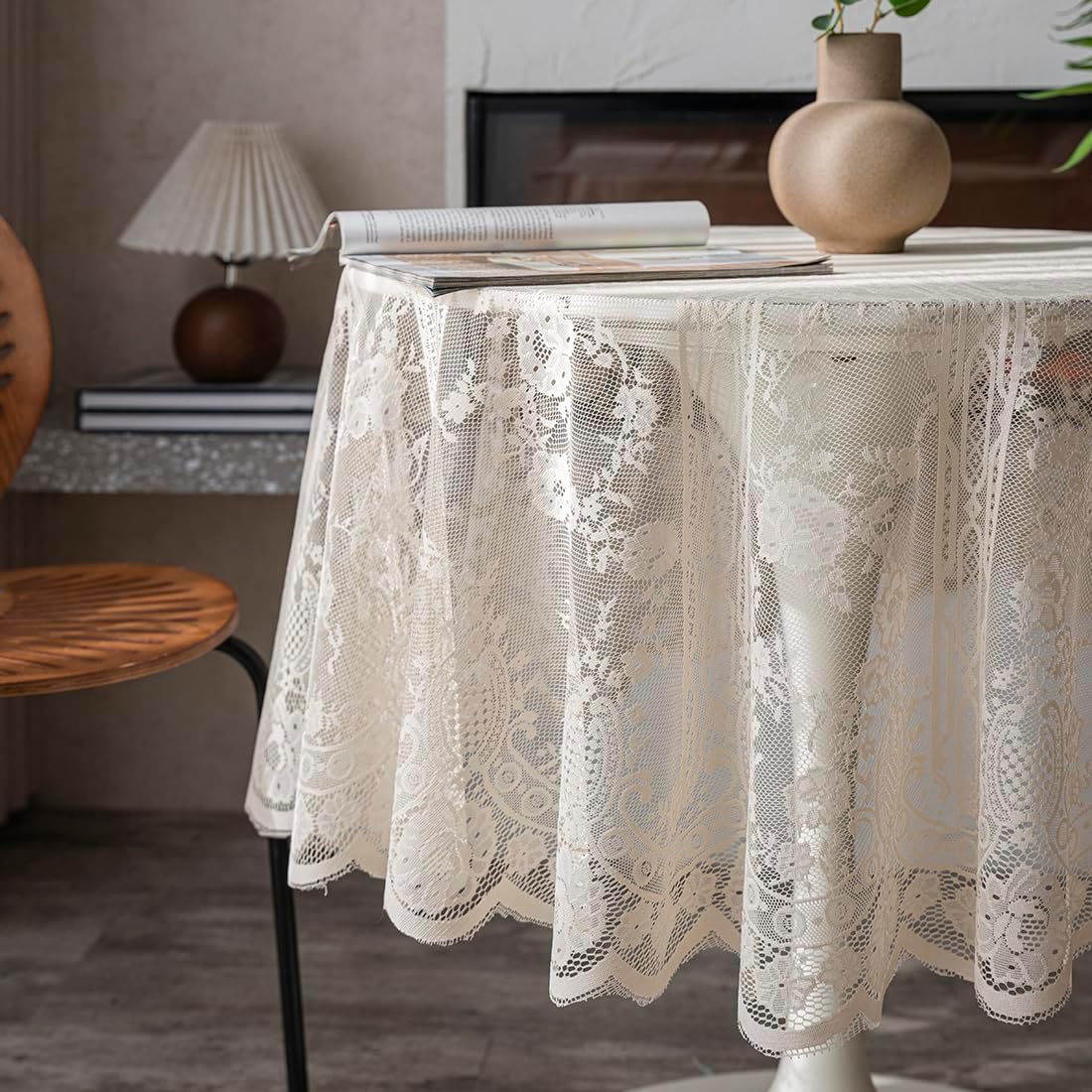 Vintage 60 inch Beige Lace Tablecloth Floral Embroidered Boho Shabby Chic Small Table Cover for Wedding Halloween Party Dinning Holiday, 1 Piece