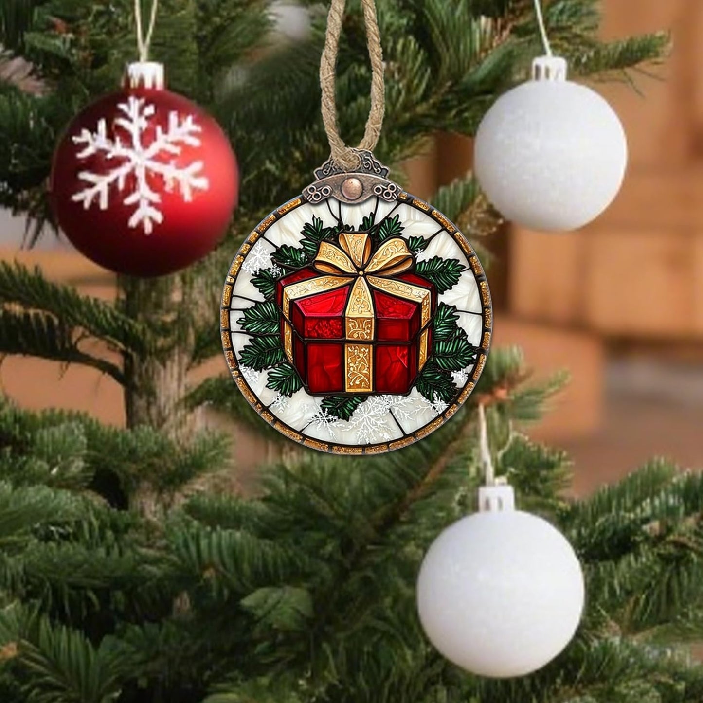 Stained Glass Christmas Decorations, Red Gift Gold Ribbon Suncatcher for Window Christmas Tree Hanging Ornaments Retro White Sun Catcher Xmas Decor Gifts for Women Men Mom Nana Friend