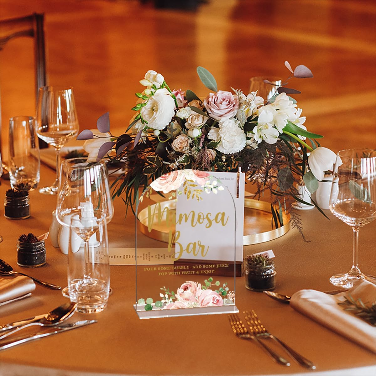 Acrylic Wedding Signs, Bridal Shower Decorations, Mimosa Bar Signs for Reception, Modern Calligraphy Arch Acrylic Table Top Sign for Wedding Reception and Engagement Parties (Clear Pink Flowers)