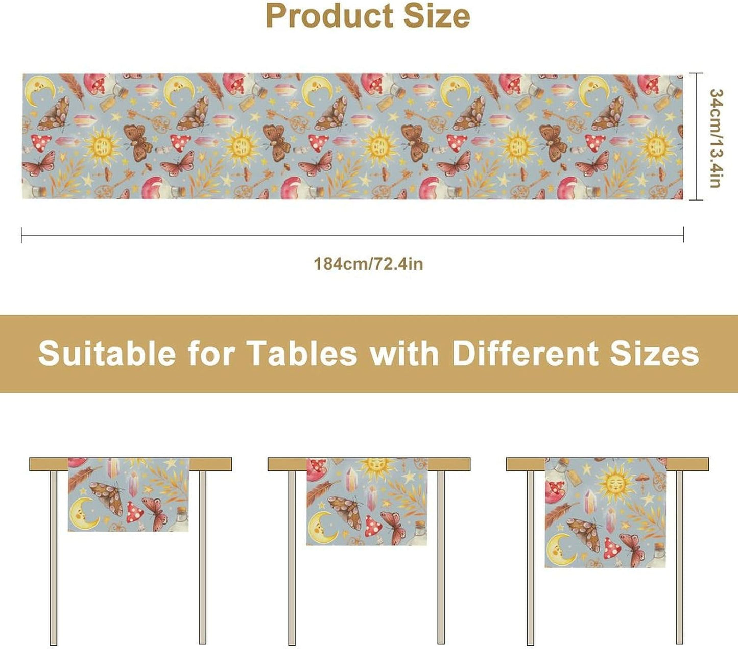 Boho Sun Moon Table Runner Mystical Rustic Butterfly Mushroom Star Table Runner for Kitchen Living Room Dinner Holiday 13x36 Inch