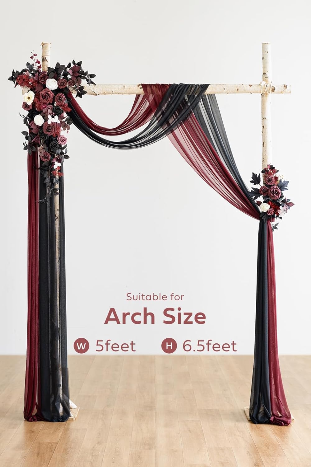 Ling's moment Black Red Artificial Wedding Arch Flowers Kit Pack of 4, 2pcs Hanging Flower Arrangement 2pcs Chiffon Drapes Ceremony Reception Fake Rose Arbor Backdrop Floral Party Outdoor Decorations