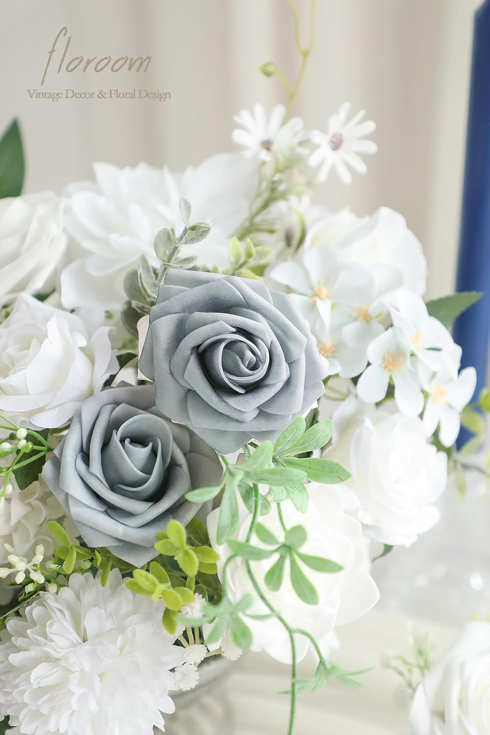 Floroom Powder Blue Ivory Artificial Flowers Fake Roses Dahlias and Greenery Combo Box Set for DIY Wedding Bouquets Bridal Shower Centerpieces Floral Arrangements Party Tables Home Decorations