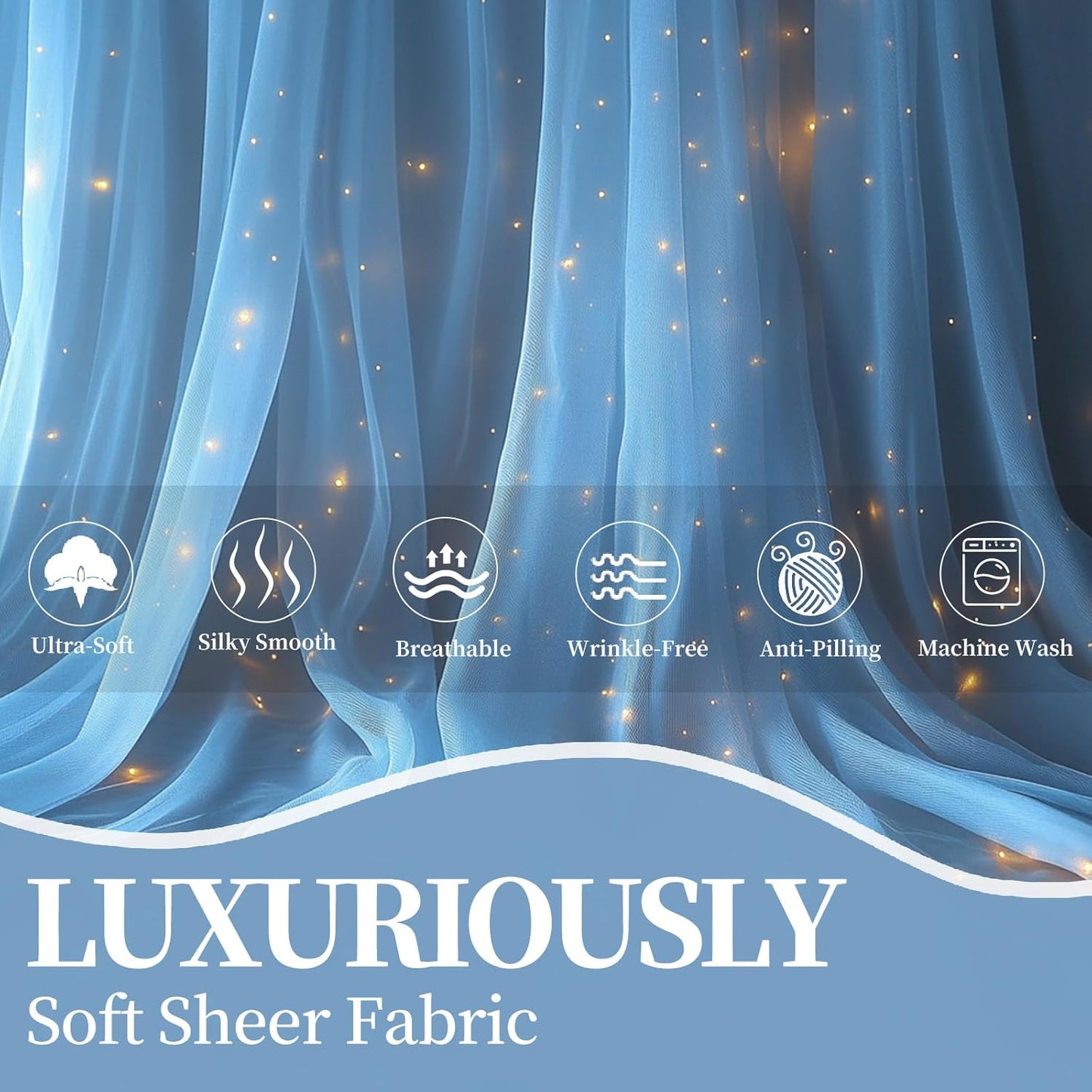 10x10ft Baby Blue Tulle Backdrop Curtain with String Lights, Wrinkle-Free Sheer Baby Shower Backdrop for Birthday Party, Bridal Shower, Photo Shoots, Wedding and Home Decorations, Baby Blue