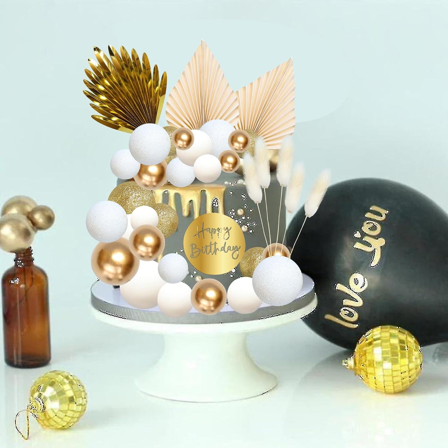 Ephlyn 33 Pack Balls Cake Toppers Boho Palm Leaves Cake Decorations Round Acrylic Happy Birthday Cupcake Toppers for Birthday Wedding Baby Shower Party Supplies Gold White